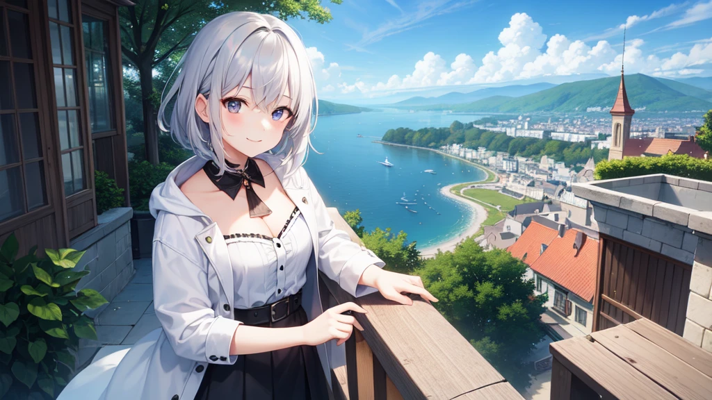 super high quality, girl, 20-year-old, とてもshort hair, long bangs between the eyes, very detailed,(masterpiece、highest quality)、alone、dark gray, silver hair, gray eyes, beautiful eyes,、short hair,blue sky , sunlight,Fantasy scenery,smile、white coat、black skirt