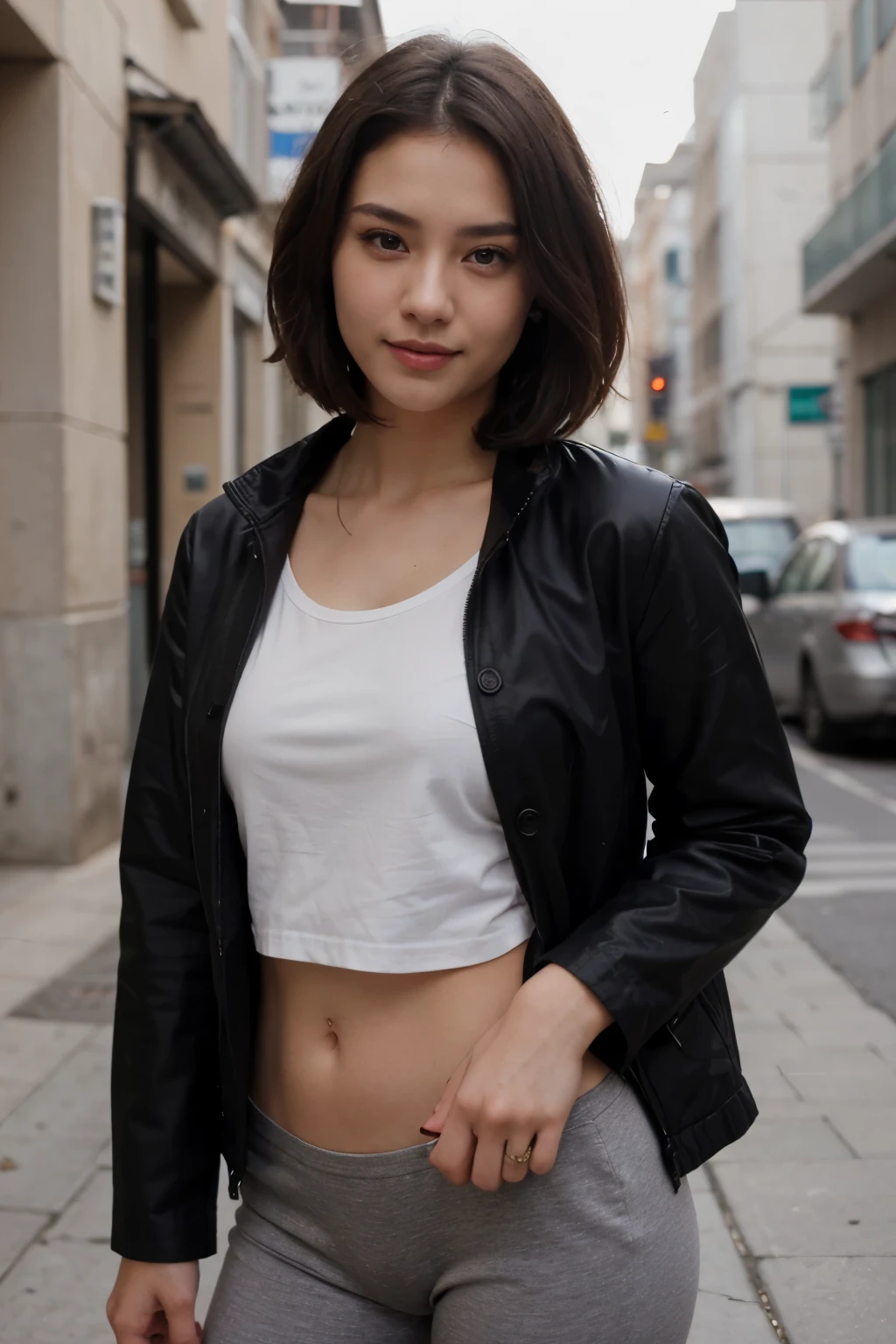 top-quality、masterpiece、超A high resolution、(realisitic:1.4)、Beautuful Women1、Beautiful detail eyes、smile、Light brown short-cut hair, She is Wearing a shirt and long pants posing for a photo, gorgeous chinese model, photo of girl model, IG-Modell, beautiful female model, on the street, shirt, red shirt, long pants, underwear, black jacket