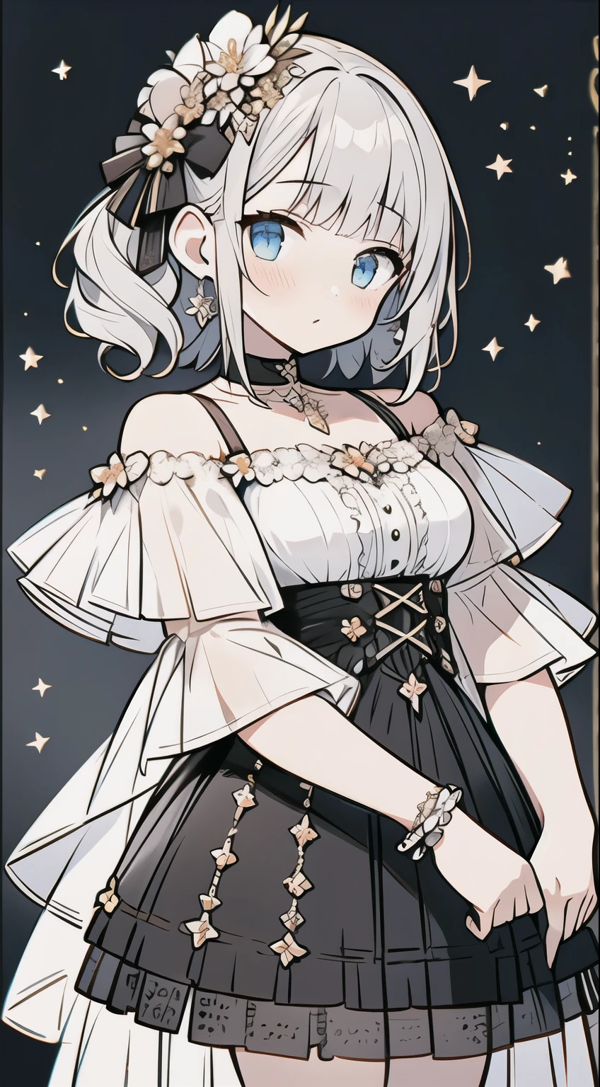(highest quality, masterpiece), 1 girl, intricate details, off shoulder, skirt, choker, frills, See-through, looking at the viewer, blush, Upper body, blurred background, Floral, contrasting