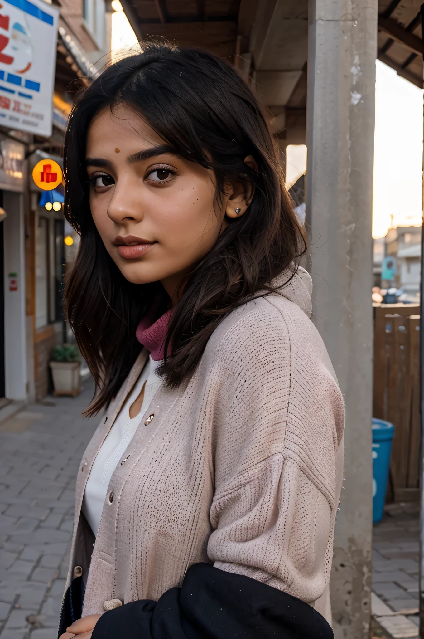 A beautiful Pakistani girl with thick black hair and bright skin, brown eyes and light freckles on her cheeks, looking at other side, wearing winter clothes with pink sweater, evening time, natural evening lighting, Pakistani town in background, ((sharped background)), ((vibrant colors))