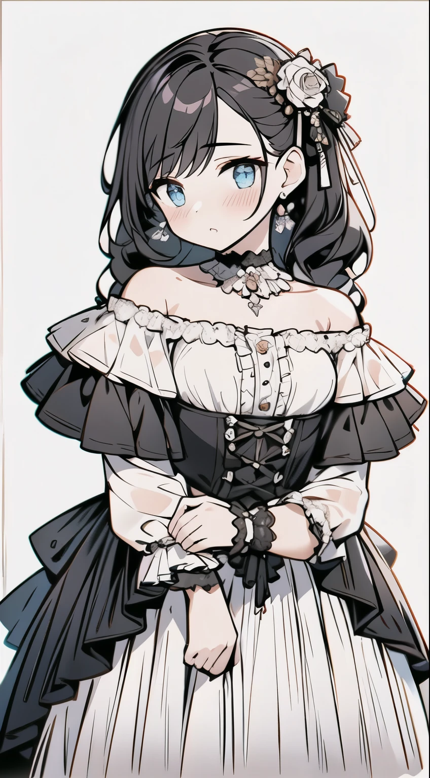 (highest quality, masterpiece), 1 girl, intricate details, off shoulder, skirt, choker, frills, See-through, looking at the viewer, blush, Upper body, blurred background, Floral, contrasting