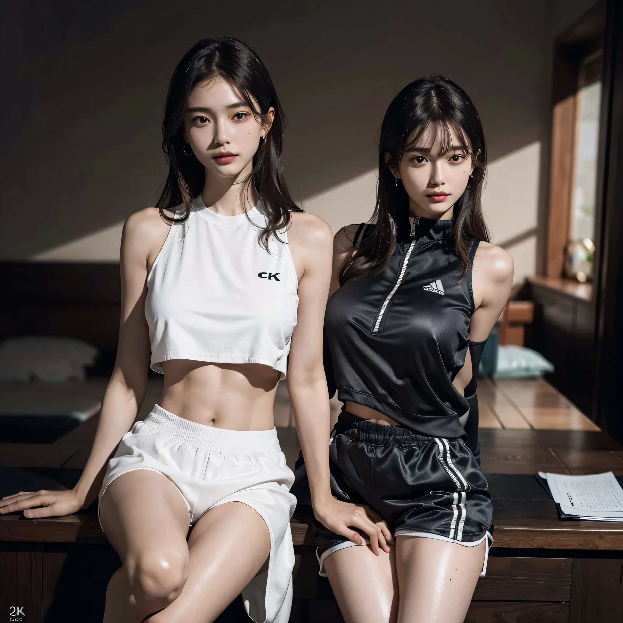 disorganized, RAW photo, very delicate and beautiful, masterpiece, highest quality, ultra high resolution, 16k, surreal, super detailed, perfect anatomy, super dense skin, perfect figure, Highly detailed CG 8k wallpaper, 20's, very slim body, tight waist, very small head, very small face, delicate features, tearful mole, mole on chest, earrings, thin legs, ((very huge round breasts)), ((full body shot)), short middle hair, wavy hair, ((tracksuit)), (No sleeve), shorts, (abdomen), (bare arms),