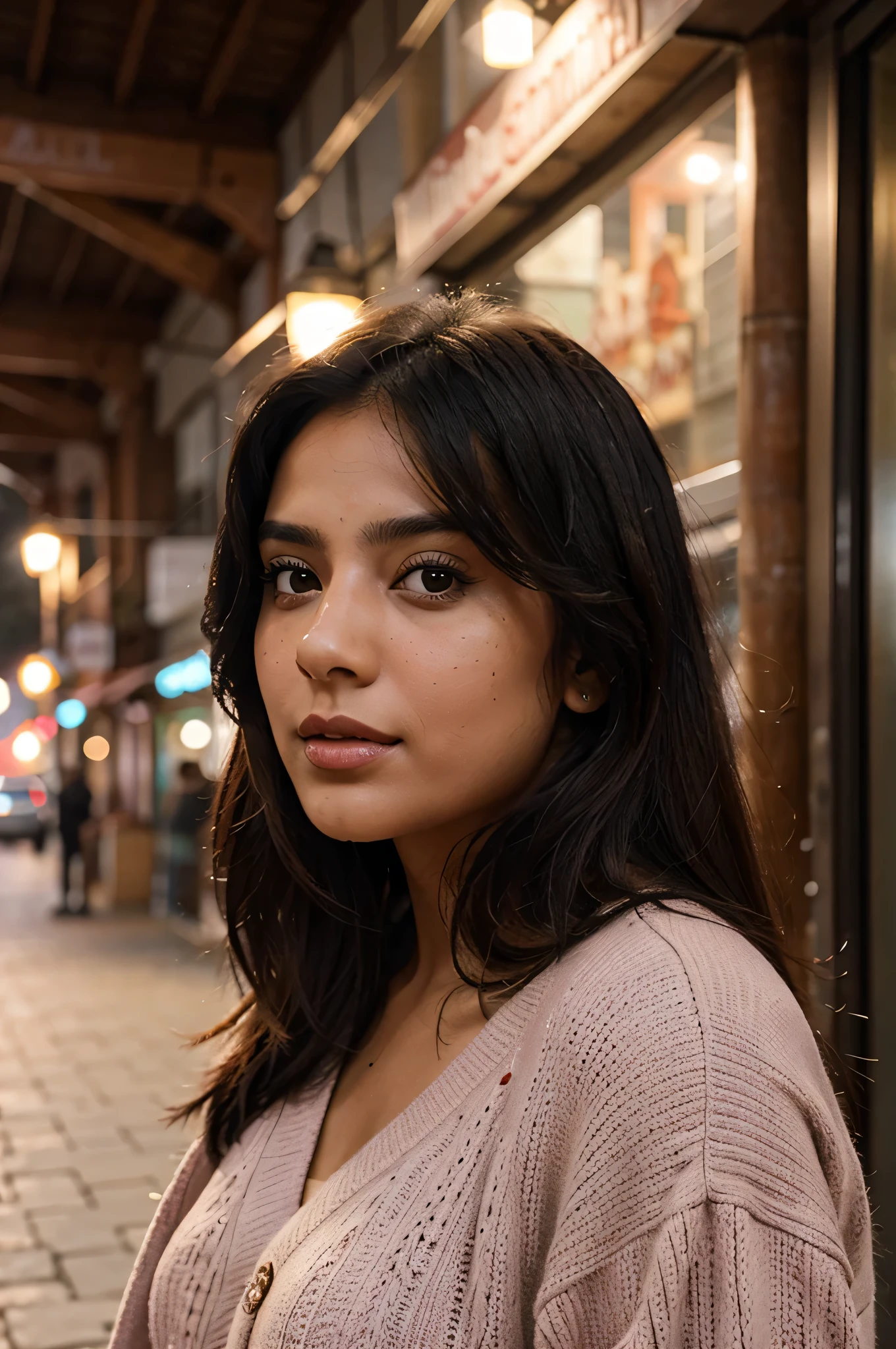 A beautiful Pakistani girl with thick black hair and bright skin, brown eyes and light freckles on her cheeks, looking at other side, wearing winter clothes with pink sweater, evening time, natural evening lighting, Pakistani town in background, ((sharped background)), ((vibrant colors))