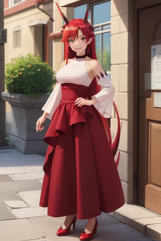 (masterpiece:1.3), (absurdres:1.3), (best quality:1.3), (ultra-detailed:1.3), full body, looking at viewer, smile, outdoors, tania-fi, dragon horns, dragon tail,  bare shoulders, white shirt, detached sleeves, choker, dress, red skirt, black legwear, shoes,