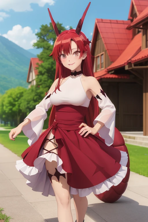 (masterpiece:1.3), (absurdres:1.3), (best quality:1.3), (ultra-detailed:1.3), full body, looking at viewer, smile, outdoors, tania-fi, dragon horns, dragon tail,  bare shoulders, white shirt, detached sleeves, choker, dress, red skirt, black legwear, shoes,