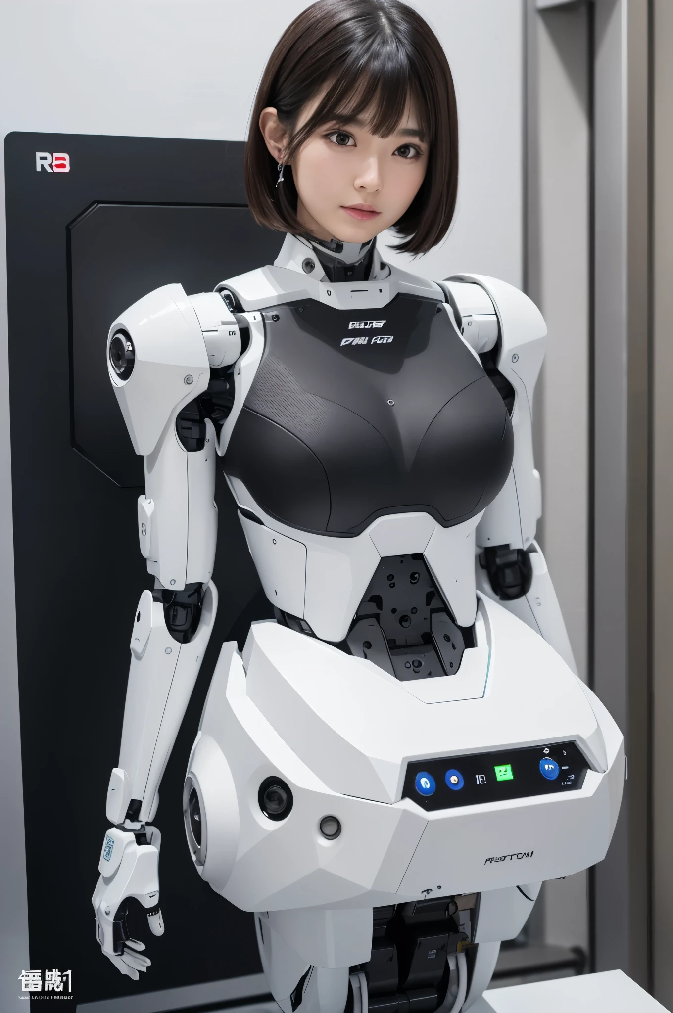 masterpiece, best quality, extremely detailed, (8K, 4K, Best Quality, hight resolution, 超A high resolution:1.1), (masutepiece, Realistic, Photorealsitic:1.1),8k portrait, Japaese android Girl,Plump , announcer,control panels,android,Droid,Mechanical Hand, Robot arms and legs, Black Robot Parts,Black hair,Mechanical body,Blunt bangs,perfect mechanical abdomen,White robotics parts,perfect robot woman,future laboratory,cyber pank,charging spot,laboratory,long tube,thick cable connected her neck,ceramic body ,perfect mechanical body, white robot body,lod antenna,mechanical ear cover,android,robot humanoid,black sponge joints,The removable cover is in the groin,The connection port is in the groin,opened chest panel,access panel on the chest,opened breast panel,perfect mechanical breast,white machine body,white robot body,white ceramic breast,perfect plastic breast,She has repaired,assembly plant,miniskirt,black boots