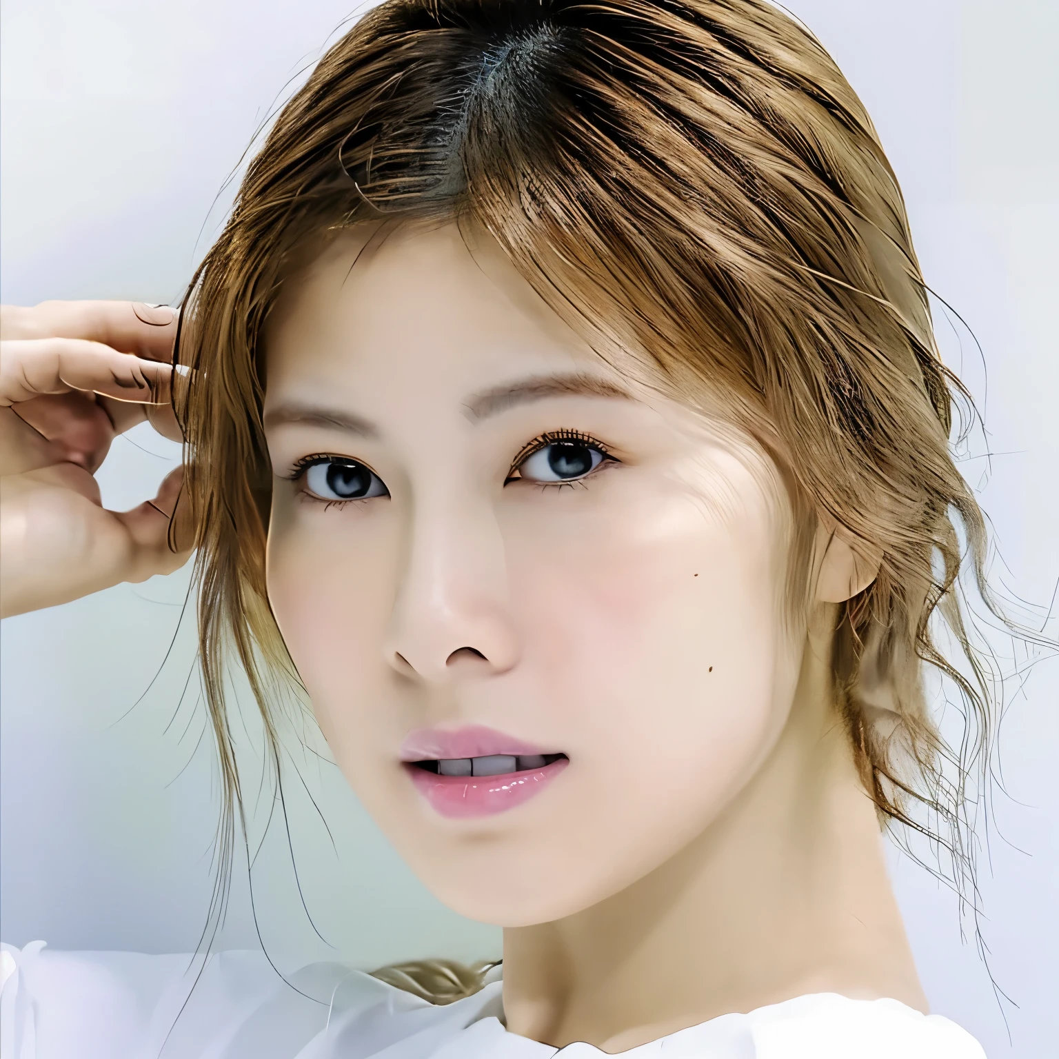 Asian, beautiful, thin, cute, 30 generations, beautiful Face, beautiful Skin, actress, mature, Upper body, light brown hair, thin髪, live action, masterpiece, highest quality, Highly detailed CG Unity 8K wallpaper, ultra high resolution, casual fashion, lit, Summer Fashion, (natural brown hair: 0.8), (puffy eyes), look at the audience, turn around, Bleach Hair, model pose, white background, delicate skin type, light curly hair, Hands around the mouth, white t-shirt, Hair Model Photography