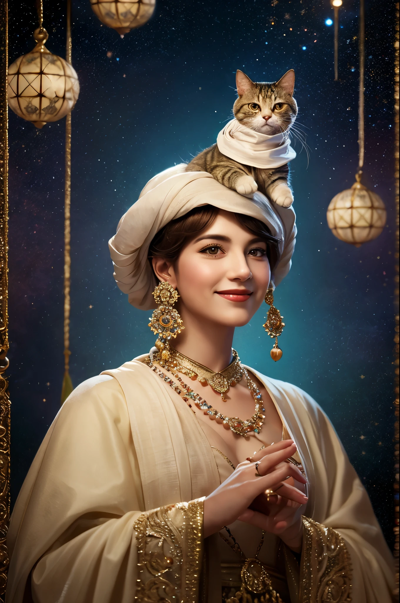 A cat wearing a fortune teller's clothes with a cloth wrapped around its head.cat has a crystal ball.Professional painting by Alfred Parsons. the cat is smiling a little.A background surrounded by a sparkling starry sky and beautiful light. The focus of the film on cats, dynamic pose, dynamic background, dynamic composition, dynamic lighting, realistic proportions, HDR, ray tracing, highly detailed atmosphere, extremely detailed texture.