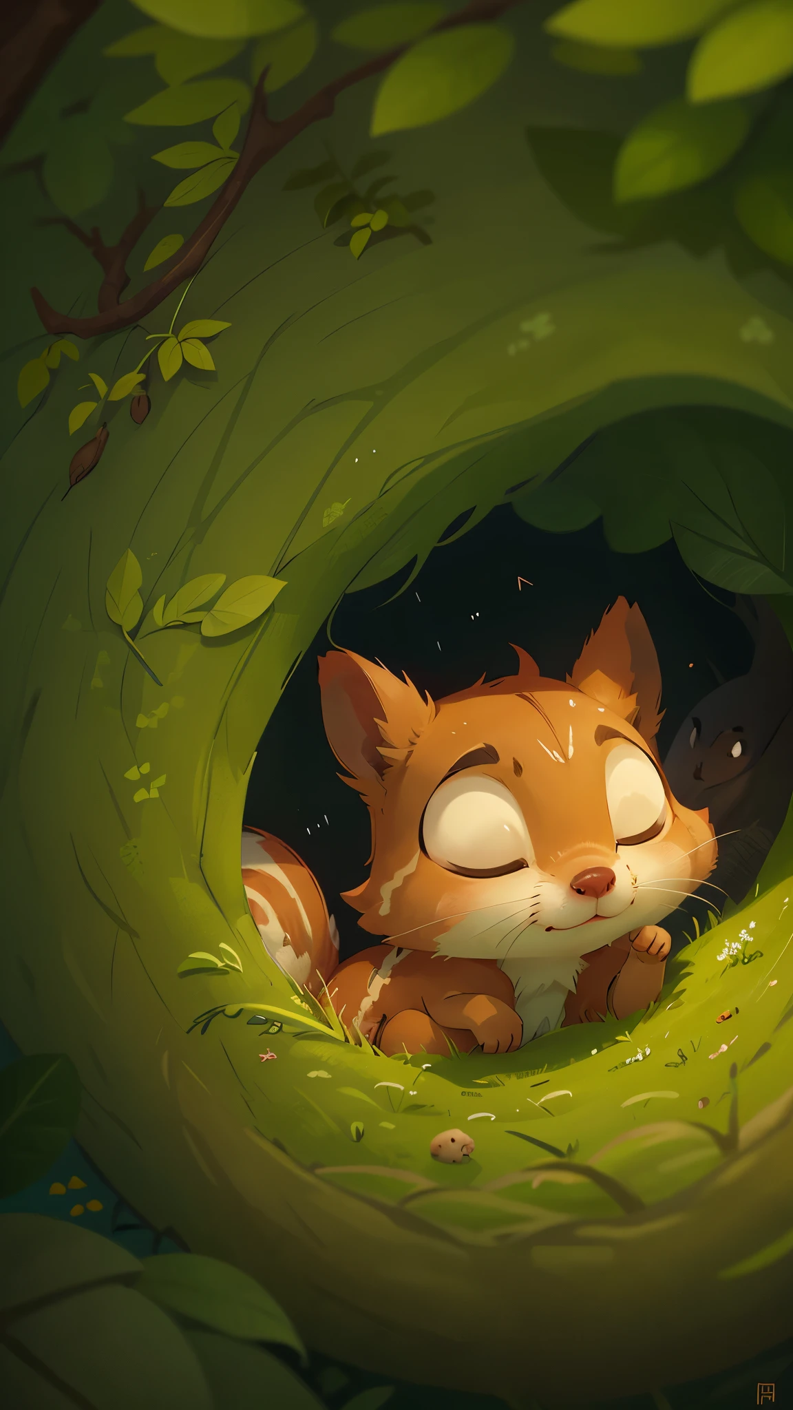 it's late at night，可爱的Little squirrel，Illustration of sleeping in a warm tree hole, She rolled up into a ball，Enter sweet dreams。goodnight，Little squirrel。close up, Pixar cinematic style, best quality, movie stills, very cute,