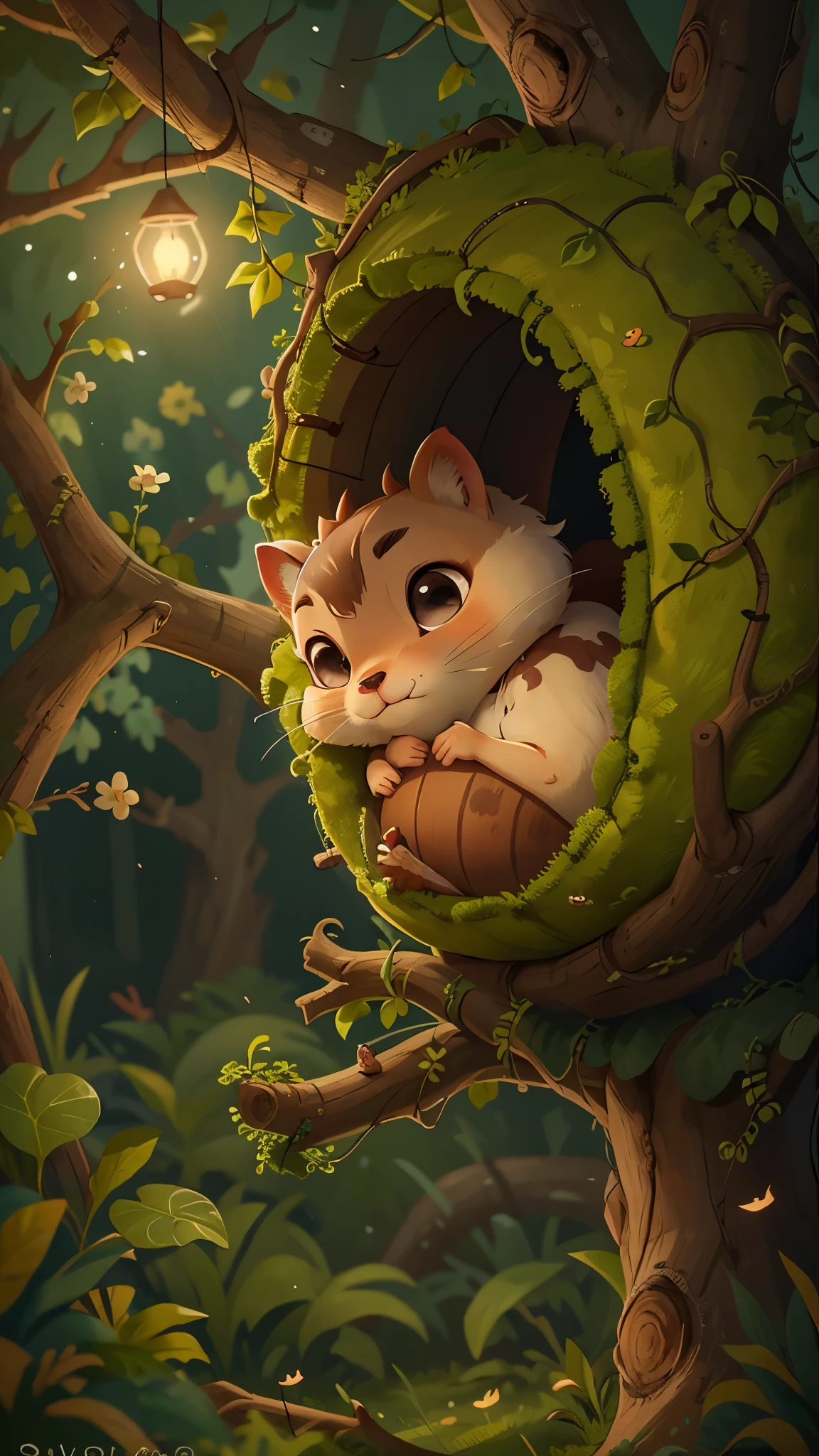 it's late at night,可爱的Little squirrel,Illustration of sleeping in a warm tree hole, She rolled up into a ball,Enter sweet dreams。goodnight,Little squirrel。close up, Pixar cinematic style, best quality, movie stills, very cute,