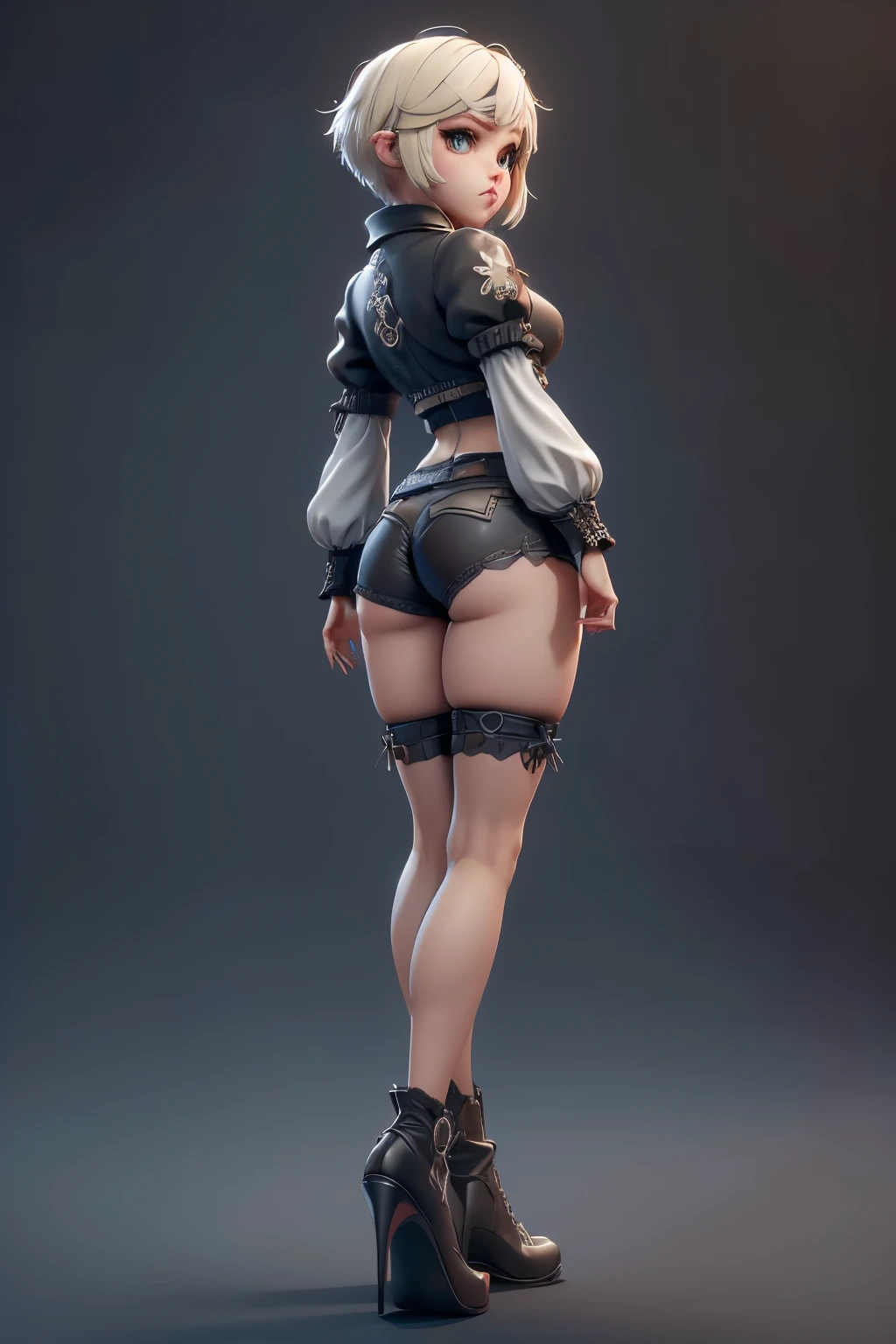 Mini girl, (girl), standing alone, ray tracing, 3D style, 3DMM, ((3 poses per photo)), ((3 poses in each photo)), fully body,(from front view),(Costas Issue), show flat belly, (((poses per photo))),(very big breasts), perfect and symmetrical eyes,((short hair)),lingerie sensual, skin fair, White thigh-high tights with trim, Waist slender, big legs, Show legs to the top of the waist, ultra realistic skin, realistic human eyes,ultra realistic skin,(pubis with a lot of volume),(extremely sensual),(very sensual),(red and black theme),I love the league,(lace pantyhose on one side),(lace pantyhose on one side),((bold ornaments)), carrying pink dagger,((backview)),((side view)),back view,((using dental floss)),duas poses per photo, front and side, front and side, full body,((model sheet)),((front view, side and back)),(symmetrically perfect),(A-POSE),((front view, side and back)),((a pose next to another pose in the same proportions)),same size and same height, A-POSE,(A-POSE)