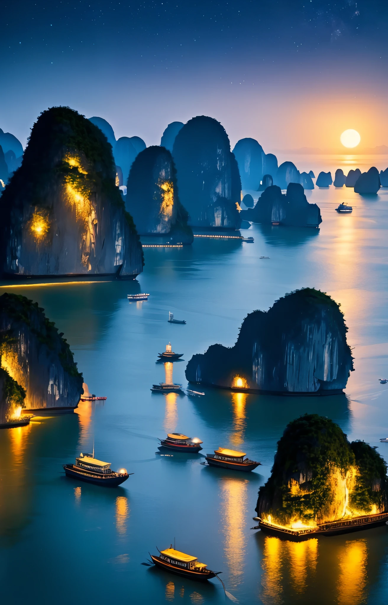 Ha Long Bay, Vietnam, moonlit night, illuminated, bright light, moon, calm waters, mesmerizing, serene scene, numerous boats, junks, twinkling lights, night sky, towering cliffs, islands, breathtaking beauty, peace, tranquility, gentle sound, water, lapping, boats, shore