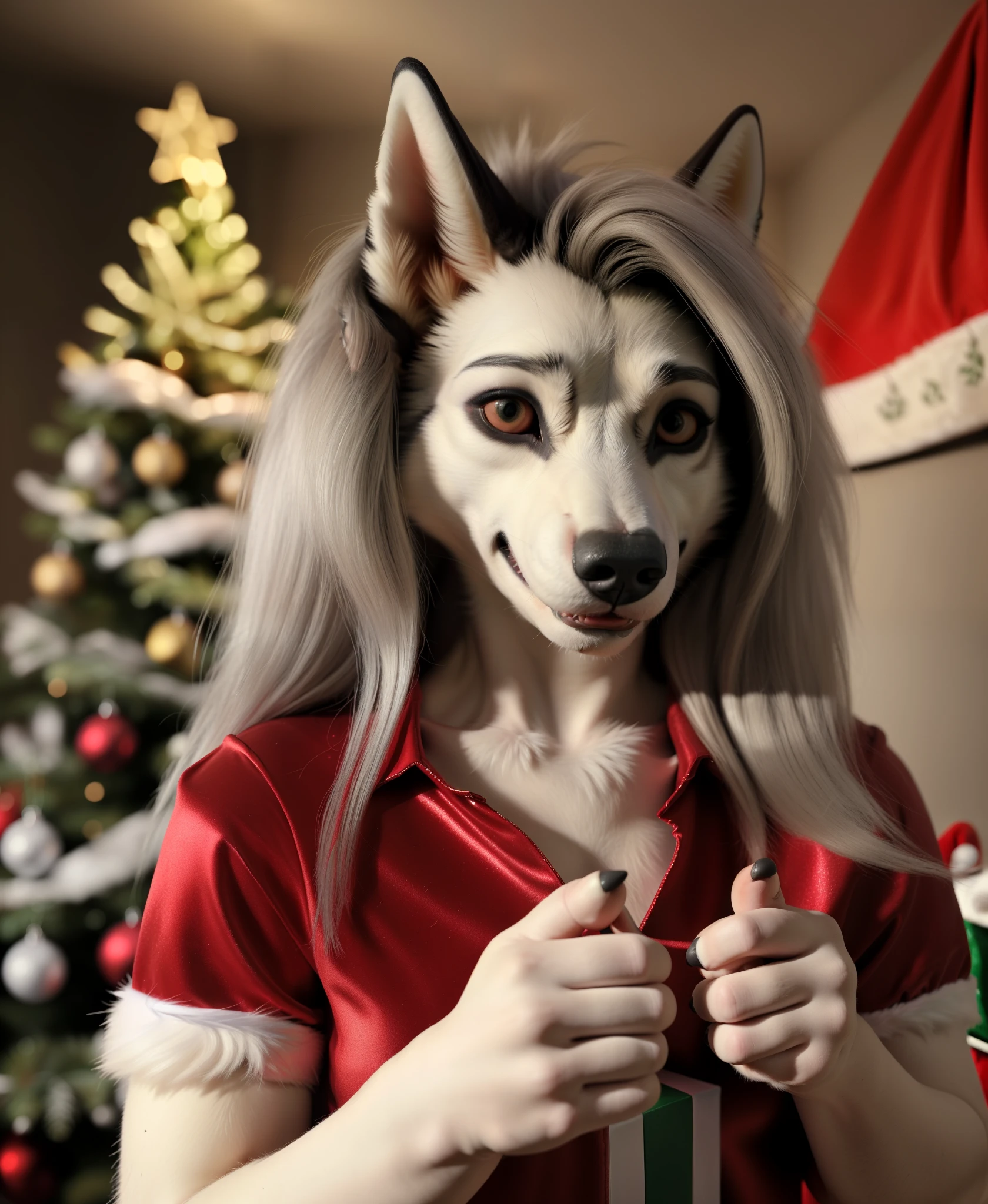 front view, Christmas, tree, presents, (santa costume:1.2), (furry, anthro, loona, hellhound), smiling, BREAK detailed fur, realistic fur, neat limbs, glistering fur, detailed fingers, detailed snout, detailed eyes, masterpiece, detailed lighting, detailed shadows, realistic lighting, realistic shadows, warm soft light, subsurface scattering, light rays