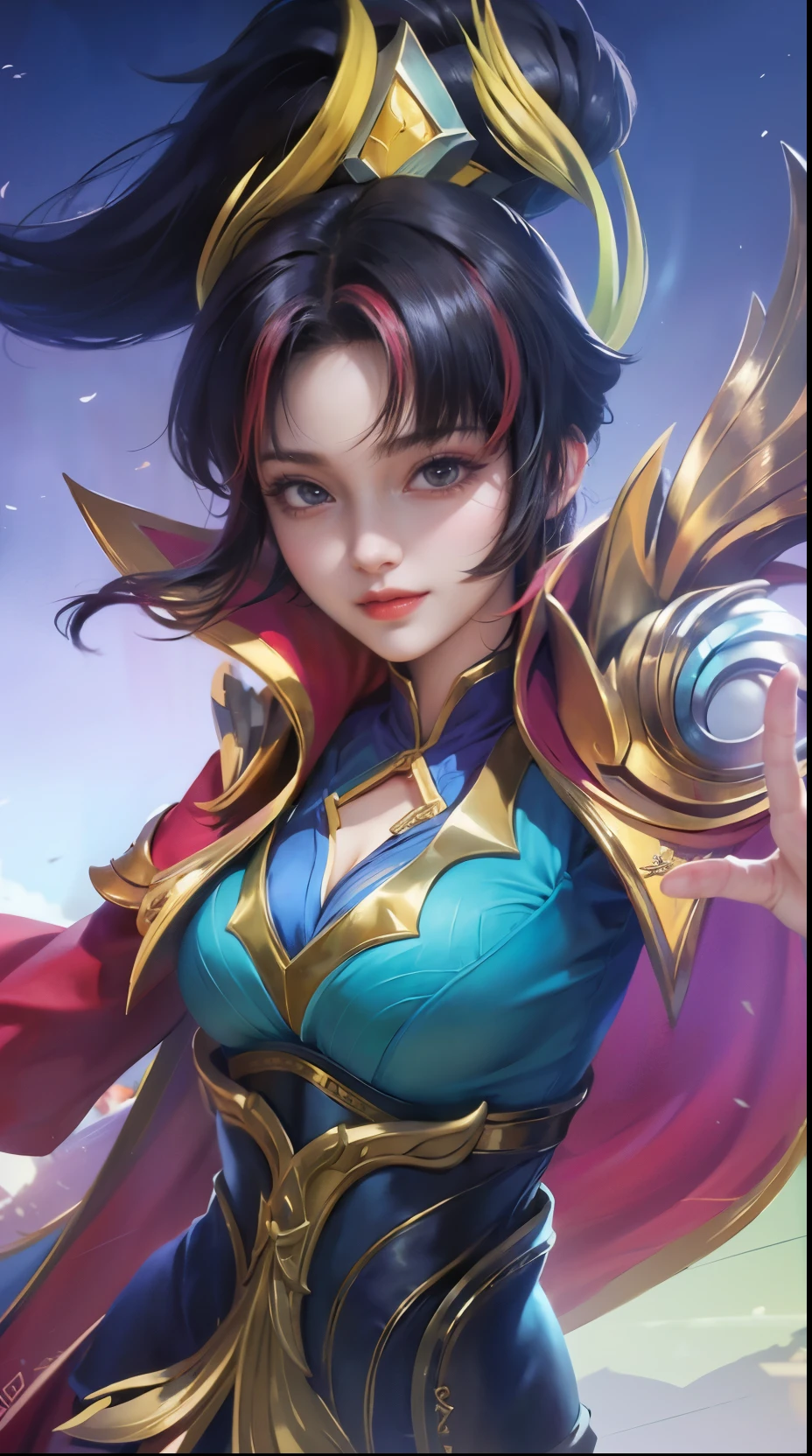 a close up of a woman wearing a red hood like a ruby ​​wearing a patch over one eye, shadowbringers cinematic, 4 k detail fantasy, a beautiful fantasy empress, game cg, xianxia fantasy, xianxia hero, 2. 5 d cgi anime fantasy artwork, cinematic goddess close shot, ruan jia and artgerm, wow 4 k detail fantasy, hyperdetailed fantasy character, smile beautifull.