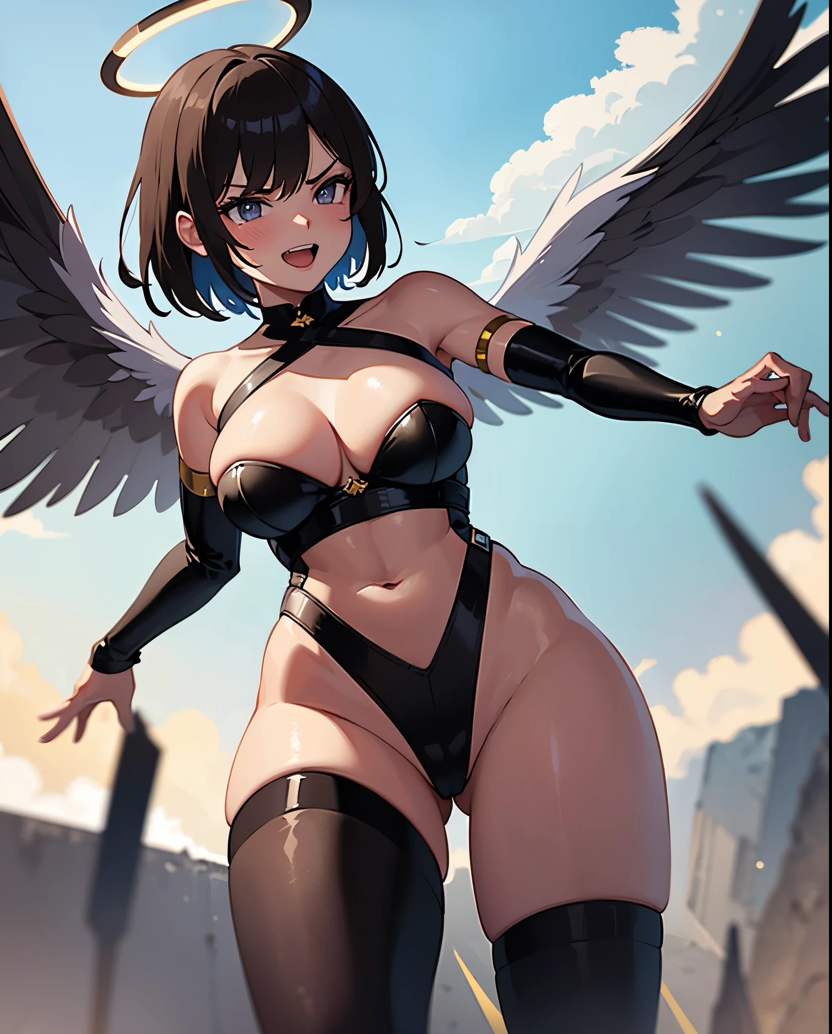 fantasy, 1angel_girl, loli,bwn_hair, medium_bob_hair, long_bangs, halo,bare_shoulder,thighhighs,silver_armor, waist_armor, large_breasts,angry,grinning,open_mouth_teeth, 1pair_wings, dynamic_pose_fighting,floating, bare_crotch, headgear,gauntlet, greaves,city_sky_background,slightly_spread_legs, solo, groin_naked,dark_skin,