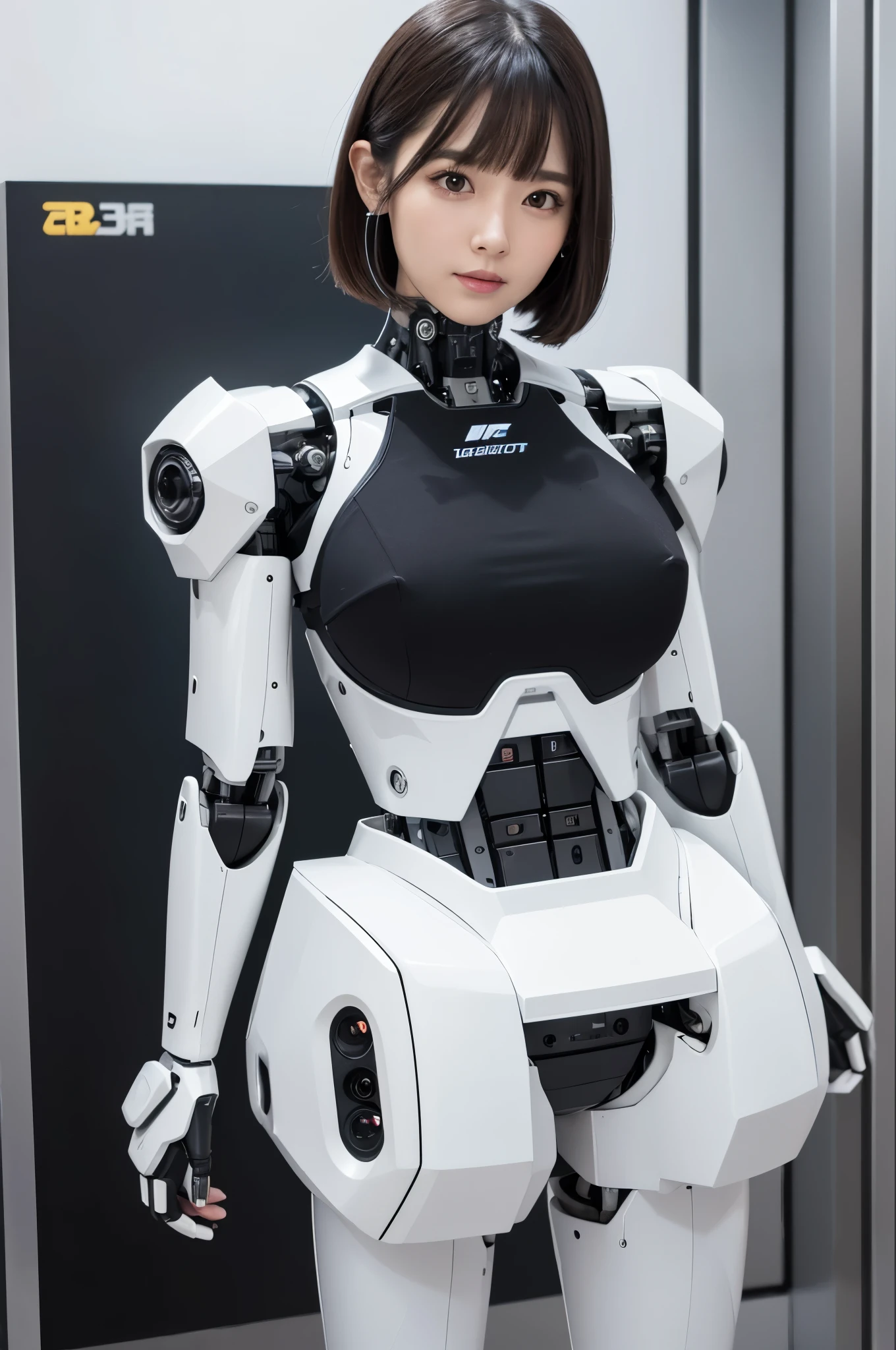 masterpiece, best quality, extremely detailed, (8K, 4K, Best Quality, hight resolution, 超A high resolution:1.1), (masutepiece, Realistic, Photorealsitic:1.1),8k portrait, Japaese android Girl,Plump , announcer,control panels,android,Droid,Mechanical Hand, Robot arms and legs, Black Robot Parts,Black hair,Mechanical body,Blunt bangs,perfect mechanical abdomen,White robotics parts,perfect robot woman,future laboratory,cyber pank,charging spot,laboratory,long tube,thick cable connected her neck,ceramic body ,perfect mechanical body, white robot body,lod antenna,mechanical ear cover,android,robot humanoid,black sponge joints,The removable cover is in the groin,The connection port is in the groin,opened chest panel,access panel on the chest,opened breast panel,perfect mechanical breast,white machine body,white robot body,white ceramic breast,perfect plastic breast,She has repaired,assembly plant,miniskirt,black boots