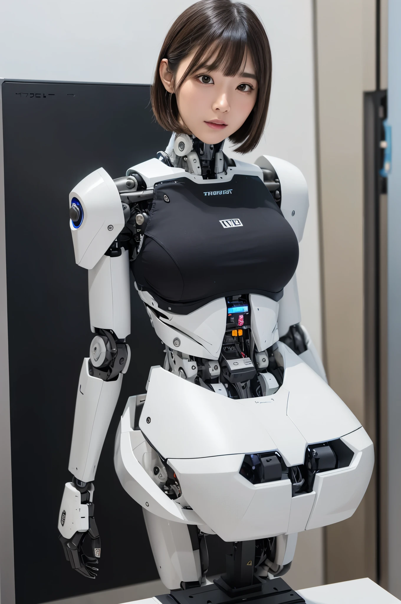 masterpiece, best quality, extremely detailed, (8K, 4K, Best Quality, hight resolution, 超A high resolution:1.1), (masutepiece, Realistic, Photorealsitic:1.1),8k portrait, Japaese android Girl,Plump , announcer,control panels,android,Droid,Mechanical Hand, Robot arms and legs, Black Robot Parts,Black hair,Mechanical body,Blunt bangs,perfect mechanical abdomen,White robotics parts,perfect robot woman,future laboratory,cyber pank,charging spot,laboratory,long tube,thick cable connected her neck,ceramic body ,perfect mechanical body, white robot body,lod antenna,mechanical ear cover,android,robot humanoid,black sponge joints,The removable cover is in the groin,The connection port is in the groin,opened chest panel,access panel on the chest,opened breast panel,perfect mechanical breast,white machine body,white robot body,white ceramic breast,perfect plastic breast,She has repaired,assembly plant,miniskirt,black boots