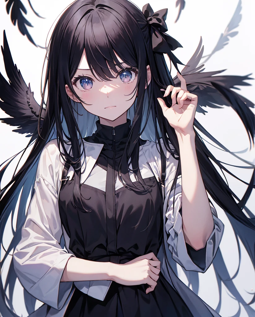 Hoshino Ai、black coat、straight face、Black feathers、white background、simple background
