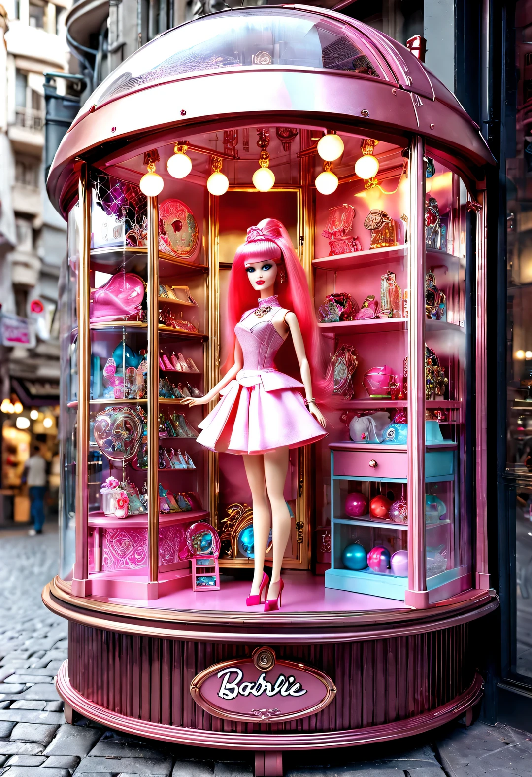 Barbie doll toy store window display in cyberpunk style glass display cabinet on street corner of futuristic city with fish eye effect），蒸汽赛博朋克style，European classic red、pink、蓝色和金ackground为background，Extraordinarily beautiful and clear face，big eyes，small music box toy，jewelry toys，Vintage engraved shelf with many toys pattern，Showcasing various Barbie Princess collections，Each doll  dressed in gorgeous and exquisite clothes，配上精美的珠宝和shoe，barbie accessories，Various clothing、shoe、Jewelry etc.，background：Large glass display cabinet，With 3D rendering、style、photography，