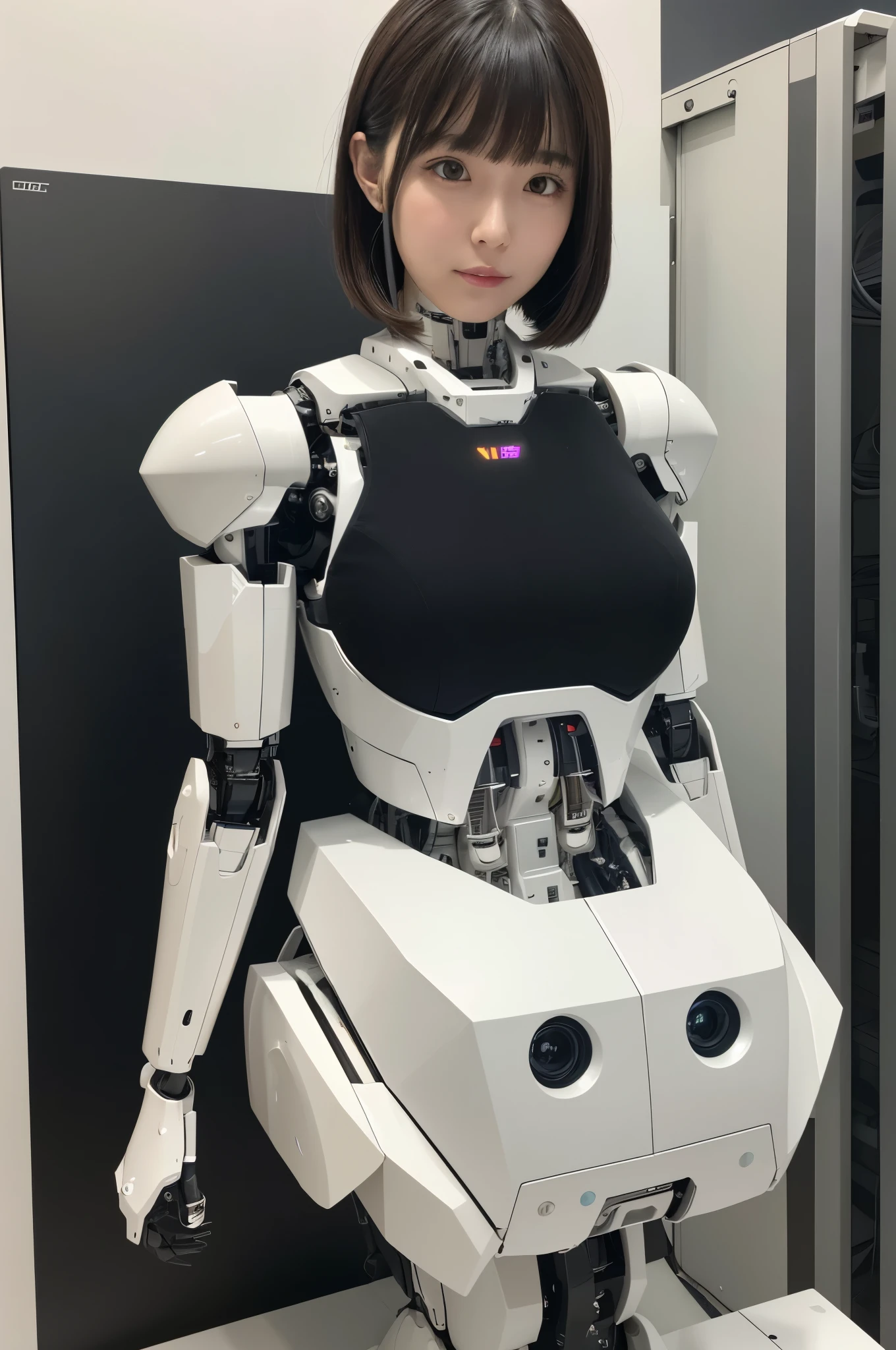 masterpiece, best quality, extremely detailed, (8K, 4K, Best Quality, hight resolution, 超A high resolution:1.1), (masutepiece, Realistic, Photorealsitic:1.1),8k portrait, Japaese android Girl,Plump , announcer,control panels,android,Droid,Mechanical Hand, Robot arms and legs, Black Robot Parts,Black hair,Mechanical body,Blunt bangs,perfect mechanical abdomen,White robotics parts,perfect robot woman,future laboratory,cyber pank,charging spot,laboratory,long tube,thick cable connected her neck,ceramic body ,perfect mechanical body, white robot body,lod antenna,mechanical ear cover,android,robot humanoid,black sponge joints,The removable cover is in the groin,The connection port is in the groin,opened chest panel,access panel on the chest,opened breast panel,perfect mechanical breast,white machine body,white robot body,white ceramic breast,perfect plastic breast,She has repaired,assembly plant,miniskirt,black boots