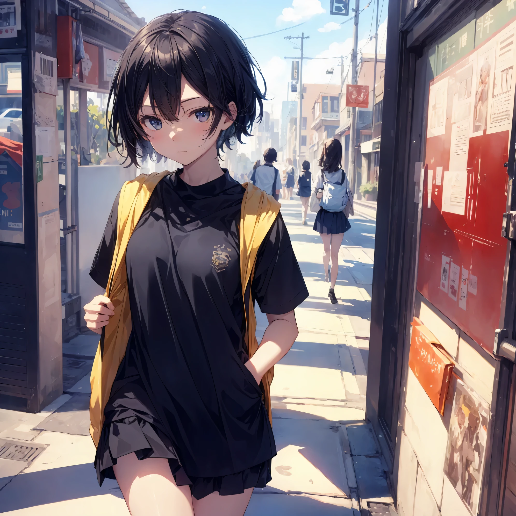 Super high quality by the art god, super detailed, High resolution, Shinkai Makoto style, anime moe art style, best anime 8K konachan wallpaper, pixiv contest winner, perfect anatomy, break,(眠そうにalone学校へ行く女の子を描いてください. ),break, surreal high school girl, (alone,change,child,13 years old:1.3),All limbs, full finger,Middle school students, androgynous charm, (very, very short hair), messy hair, flat and soft chest, small ass, between legs, small eyes,beautiful detailed black eyes, Well-proportioned iris and pupils, disgusted eyes, High resolutionの詳細な髪, school uniform, skirt,  On the way to school. break,super dense skin, Best lighting by famous artists, 8K, figure,