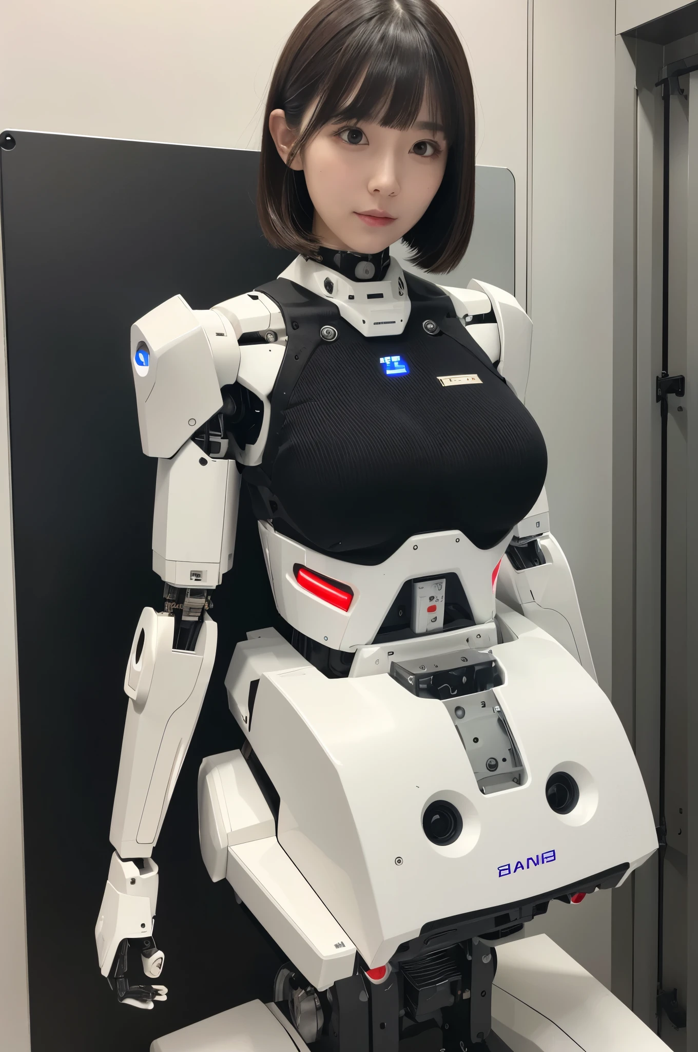 masterpiece, best quality, extremely detailed, (8K, 4K, Best Quality, hight resolution, 超A high resolution:1.1), (masutepiece, Realistic, Photorealsitic:1.1),8k portrait, Japaese android Girl,Plump , announcer,control panels,android,Droid,Mechanical Hand, Robot arms and legs, Black Robot Parts,Black hair,Mechanical body,Blunt bangs,perfect mechanical abdomen,White robotics parts,perfect robot woman,future laboratory,cyber pank,charging spot,laboratory,long tube,thick cable connected her neck,ceramic body ,perfect mechanical body, white robot body,lod antenna,mechanical ear cover,android,robot humanoid,black sponge joints,The removable cover is in the groin,The connection port is in the groin,opened chest panel,access panel on the chest,opened breast panel,perfect mechanical breast,white machine body,white robot body,white ceramic breast,perfect plastic breast,She has repaired,assembly plant,miniskirt,black boots