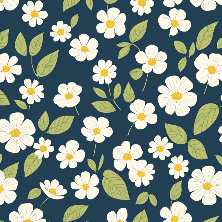Flat illustration, Size 16:9, spring flowers with leaves, White background, towel fabric design