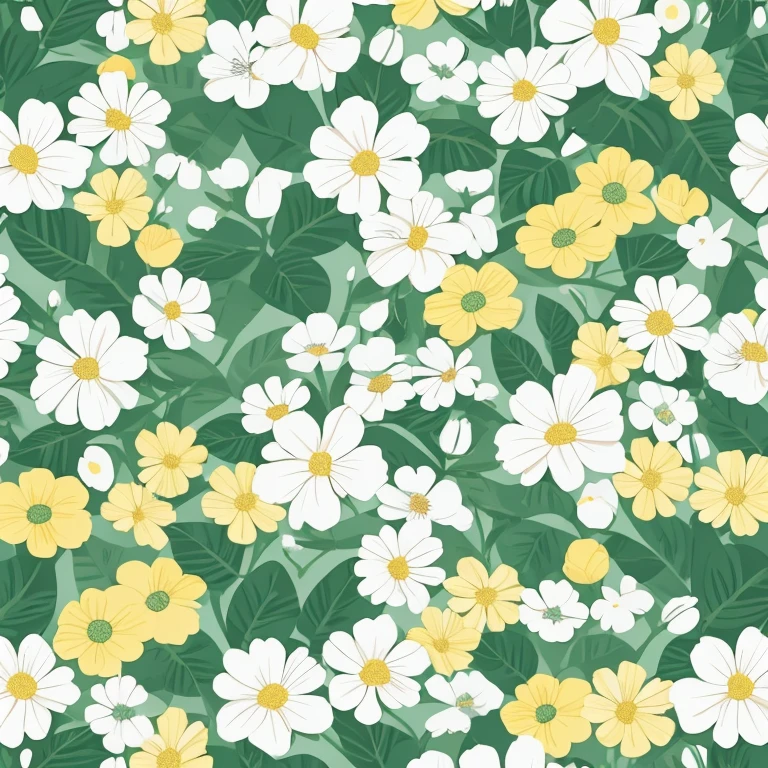 Flat illustration, Size 16:9, spring flowers with leaves, White background, towel fabric design