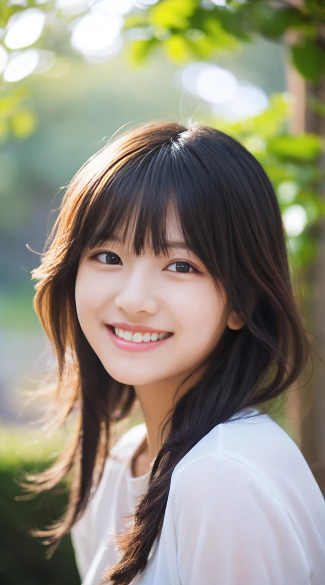 (masterpiece), (highest quality), (Super detailed), (messy hair), (figure), (girl1名), (face to face), (simple background), beautiful and fine eyes, 繊細なbeautiful face立ち, floating, (high color saturation), (shine), focus on face, black hair, bangs, A big smile, floating Hair. girl, maiden in love, pixiv illustration, highest quality, Super detailed, smile, Smart, beautiful face, 4K, nature, wood々sunlight shining through,