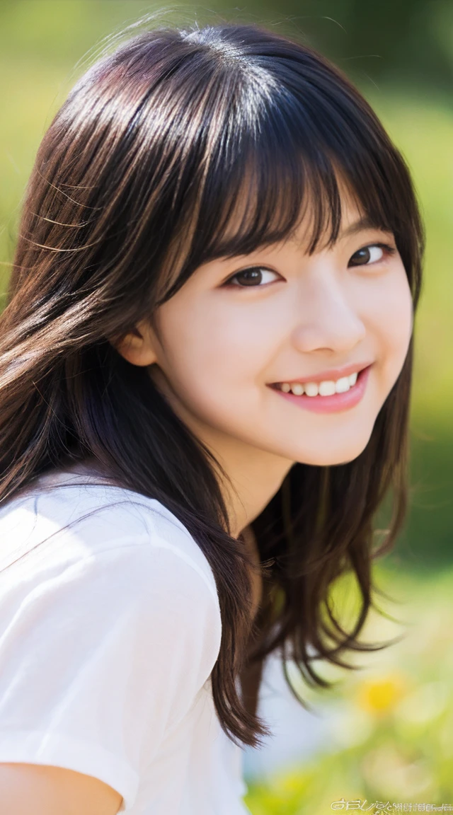 (masterpiece), (highest quality), (Super detailed), (messy hair), (figure), (girl1名), (face to face), (simple background), beautiful and fine eyes, 繊細なbeautiful face立ち, floating, (high color saturation), (shine), focus on face, black hair, bangs, A big smile, floating Hair. girl, maiden in love, pixiv illustration, highest quality, Super detailed, smile, Smart, beautiful face, 4K, nature, wood々sunlight shining through,