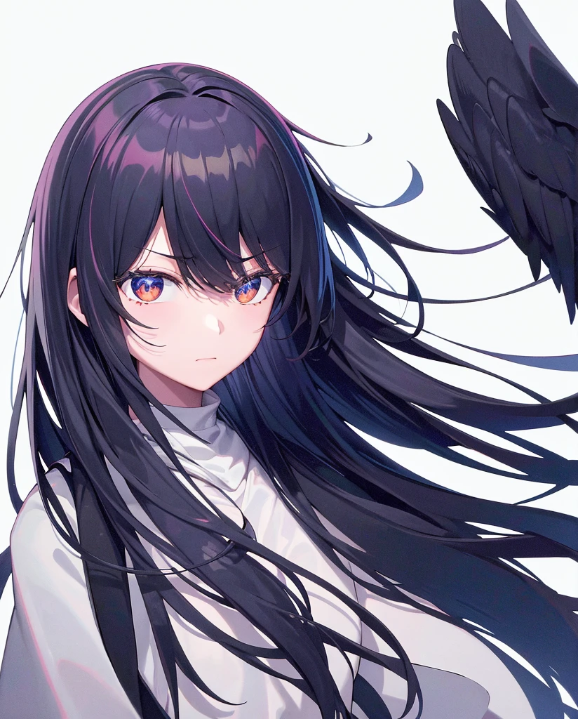 Hoshino Ai、black coat、straight face、Black feathers、white background、simple background