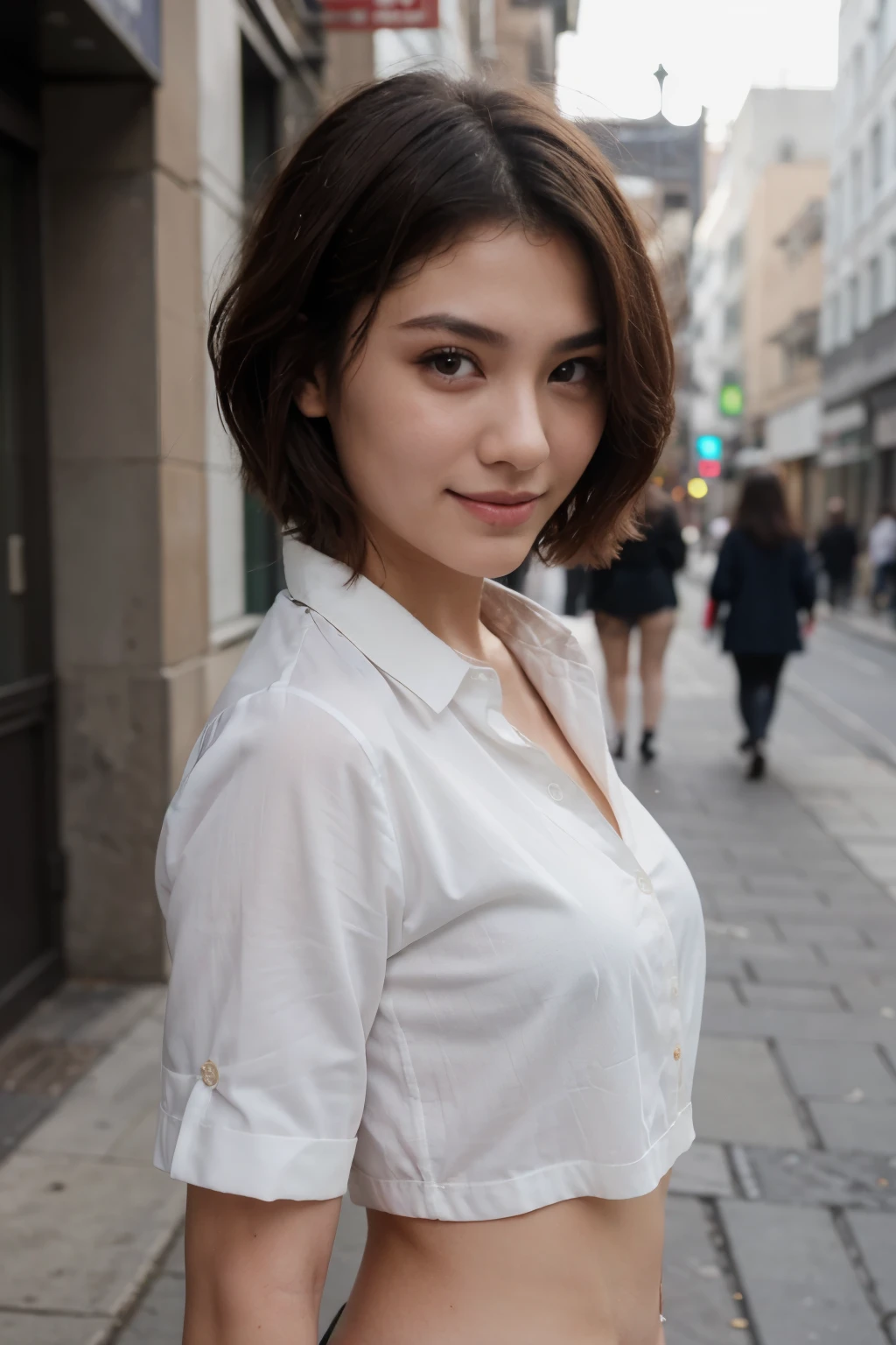 top-quality、​masterpiece、超A high resolution、(realisitic:1.4)、Beautuful Women１、Beautiful detail eyes、smile、Light brown short-cut hair, She is Wearing a shirt posing for a photo, gorgeous chinese model, photo of girl model, IG-Modell, beautiful female model, on the street, shirt, red shirt