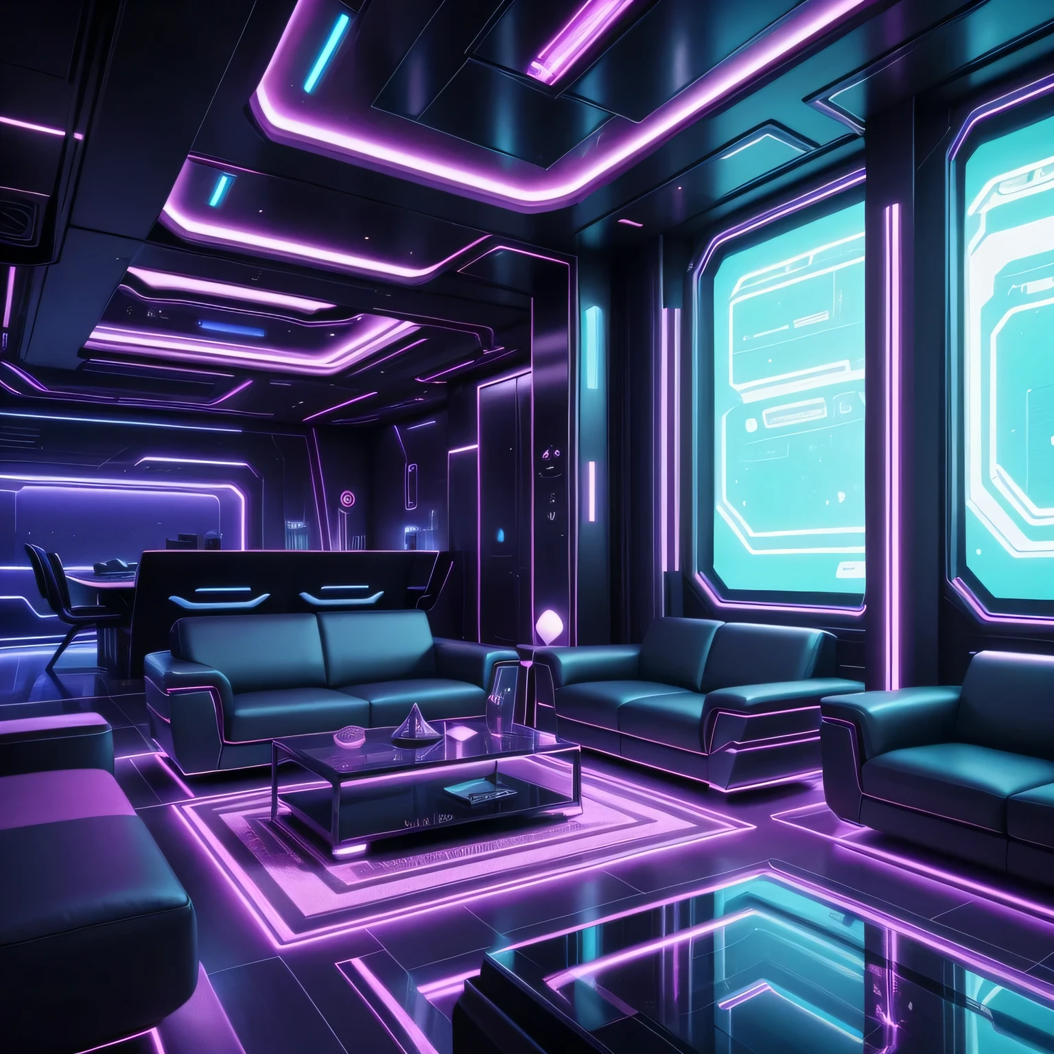 a view of a living room with a couch and a table, futuristic room, futuristic setting, futuristic decoration, futuristic looking living room, colorful dystopian futurism, dreamy colorful cyberpunk colors, futuristic but colorful shading, in style of beeple, beeple colors, futuristic aesthetic, futuristic art style, sci - fi aesthetics, inspired by Beeple