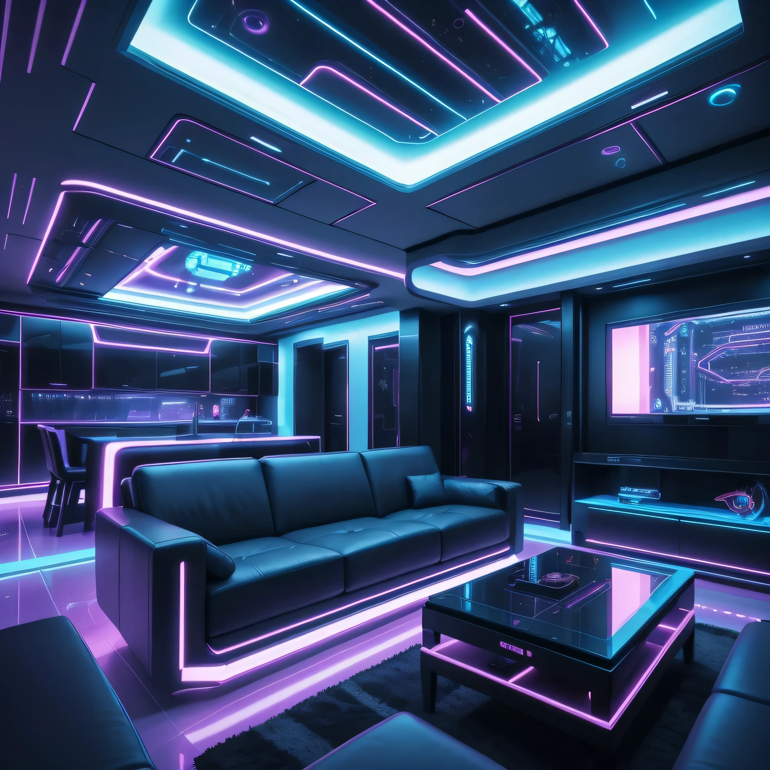 a view of a living room with a couch and a table, futuristic room, futuristic setting, futuristic decoration, futuristic looking living room, colorful dystopian futurism, dreamy colorful cyberpunk colors, futuristic but colorful shading, in style of beeple, beeple colors, futuristic aesthetic, futuristic art style, sci - fi aesthetics, inspired by Beeple