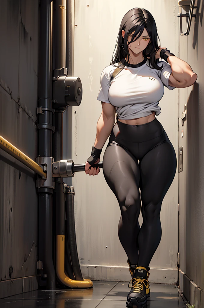 black hair, very long hair, yellow eyes, thick thighs, large breasts, (muscular), pale skin, leggings, tank top, 1 girl