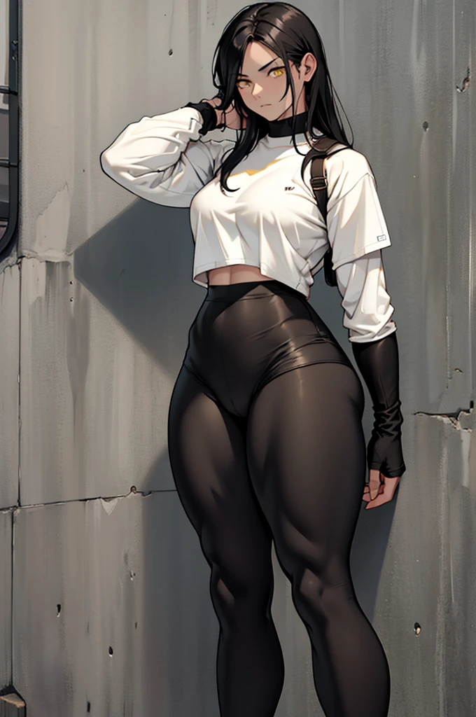 1girl muscular pale skin black hair yellow eyes black against wall sad sad sad sad tight shirt leggings thick thick thick thick muscular muscular muscular muscular muscular girl dark dark, brown tights, coxas sexy, botas branca, bota nos pes, detalhes no corpo, corpo bem definido