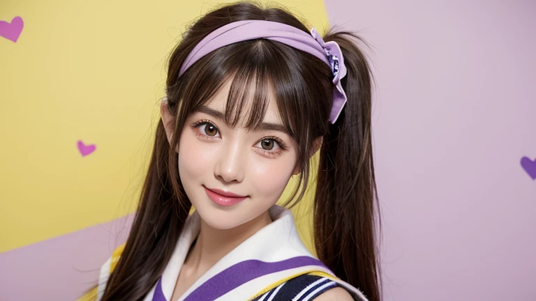 style, 1 girl, alone, brown hair, Heart, hair accessories, Uniforms, side ponytail, Smile, looking at the audience, scarf, Upper body, Heart hair accessories, cardigan shirt, sailor collar, Sefuku, black sailor collar, Bangs, yellow eyes, Keep your mouth shut, long hair, brown eyes, purple scarf, striped background, clavicle, striped, polka dot, Star (symbol)