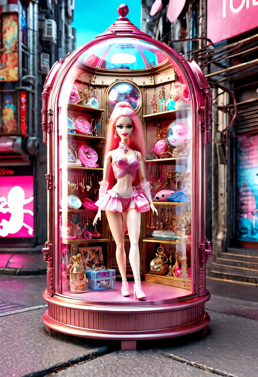 Barbie doll toy store window display in cyberpunk style glass display cabinet on street corner of futuristic city with fish eye effect),蒸汽赛博朋克style,European classic red、pink、蓝色和金ackground为background,Extraordinarily beautiful and clear face,big eyes,small music box toy,jewelry toys,Vintage engraved shelf with many toys pattern,Showcasing various Barbie Princess collections,Each doll dressed in gorgeous and exquisite clothes,配上精美的珠宝和shoe,barbie accessories,Various clothing、shoe、Jewelry etc.,background:Holographic design large glass display cabinet,With 3D rendering、style、photography,
