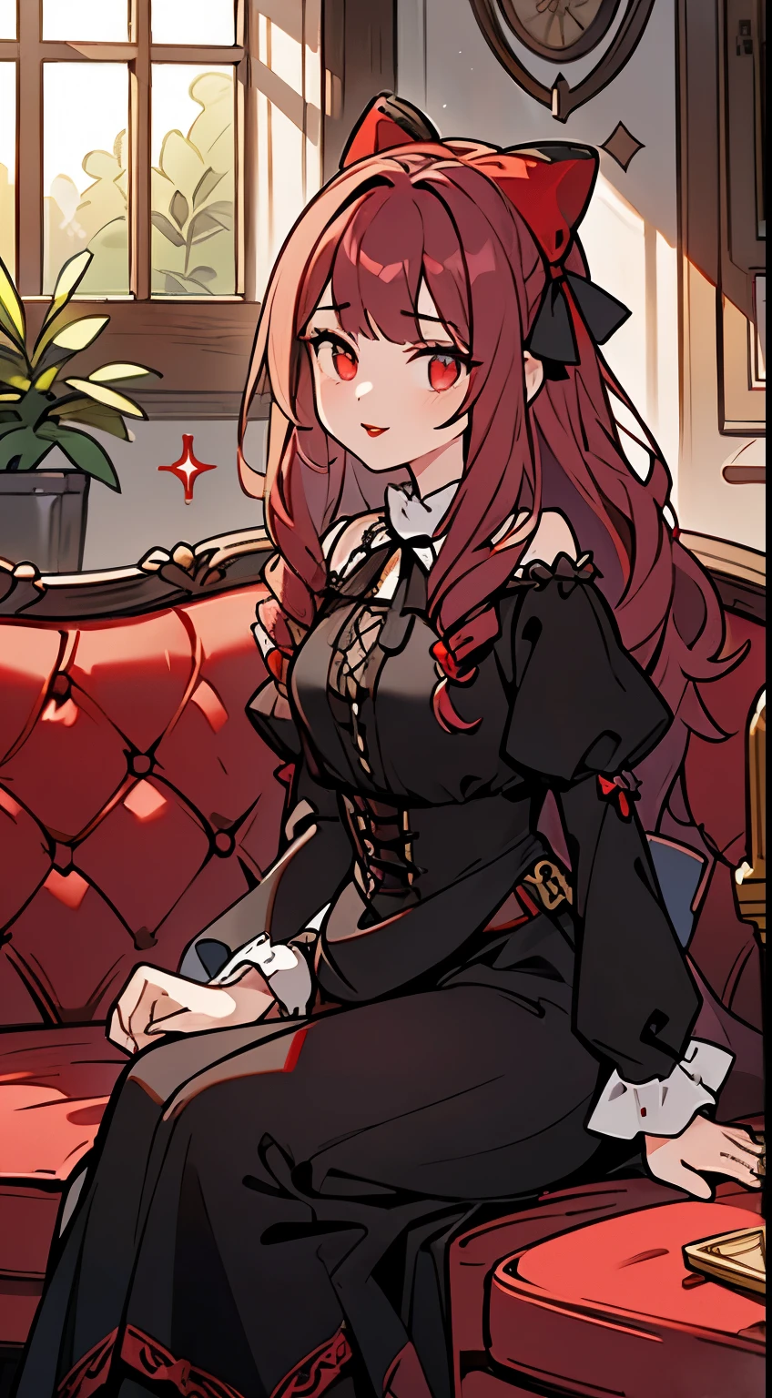 highest quality, table top, 1 girl, my, (thin:1.3), medium breasts, (light purpl hair:1.3), long hair, wavy hair, drill hair, (dull bangs:1.3), looking at the viewer, bow, (Medieval fantasy:1.3), sense of depth, (Hair bow:1.3), (Red Goss Rowley:1.3), horizontal view, (Sit on a Gothic sofa:1.3), (Black sofa:1.2), front angle, (black and white window:1.3), (black interior:1.2), (Red colored lips:1.3), [[[[multiple arms]]]], [[[Tangled legs]]]