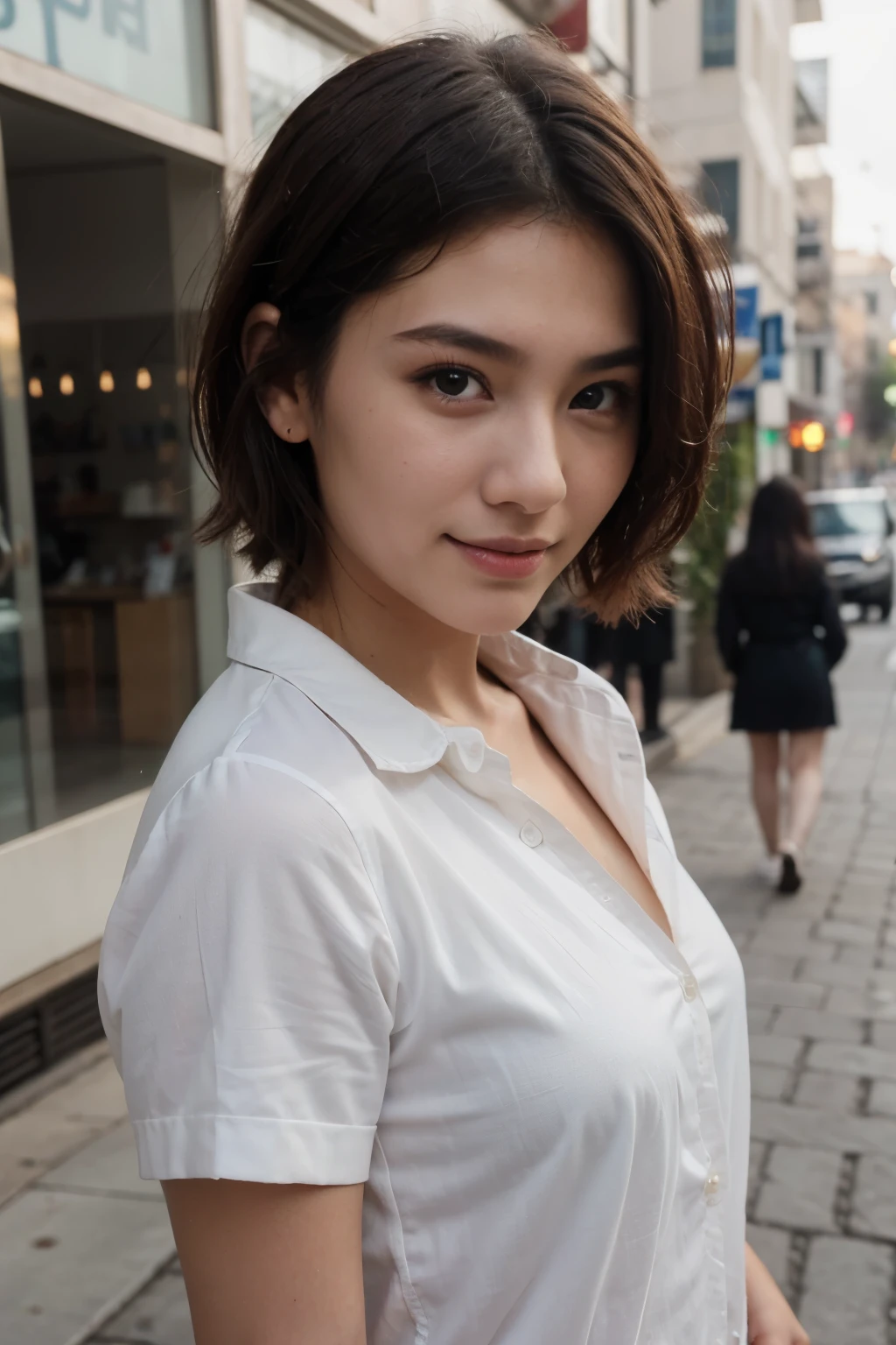 top-quality、masterpiece、超A high resolution、(realisitic:1.4)、Beautuful Women1、Beautiful detail eyes、smile、Light brown short-cut hair, She is Wearing a shirt posing for a photo, gorgeous chinese model, photo of girl model, IG-Modell, beautiful female model, on the street, shirt, red shirt