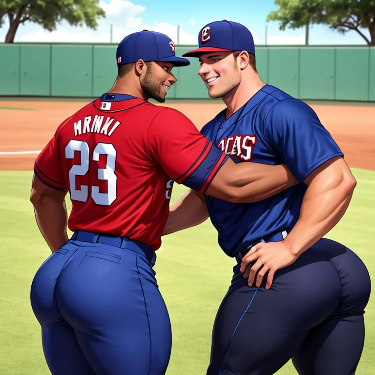 2 male baseball players, gay, huge butts, massive ass, comically massive ass, round butt, wide butt, giant butt, full butt, one is grabbing and squeezing the other man's ass, sexy men, attracted to each other, tight baseball pants, giant ass in baseball pants
