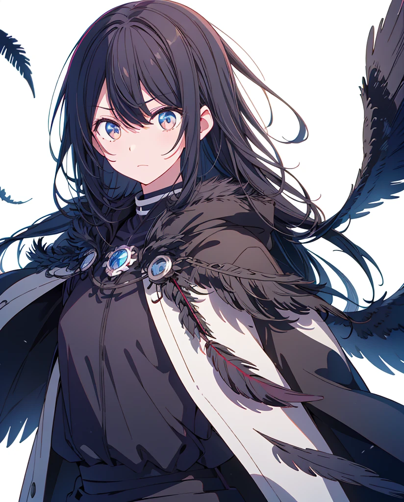 Hoshino Ai、black coat、straight face、Black feathers、white background、simple background