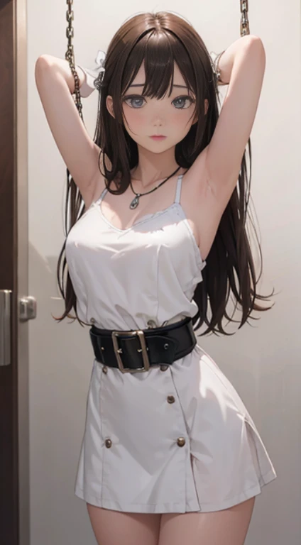 ((masterpiece)), ((best quality)), (ultra-detailed), NSFW, ((torture chamber)),(torture),(((single narrow belt strongly bound waist))),a cute girl, 1girl, solo, (white mini tanktop dress),(chain bound arms), (both hands are bound and is hung from the ceiling),((thin waist)),((bdsm)),beautiful brown hair, beautiful blue eyes, (beautiful eyes), long hair,troubled expression