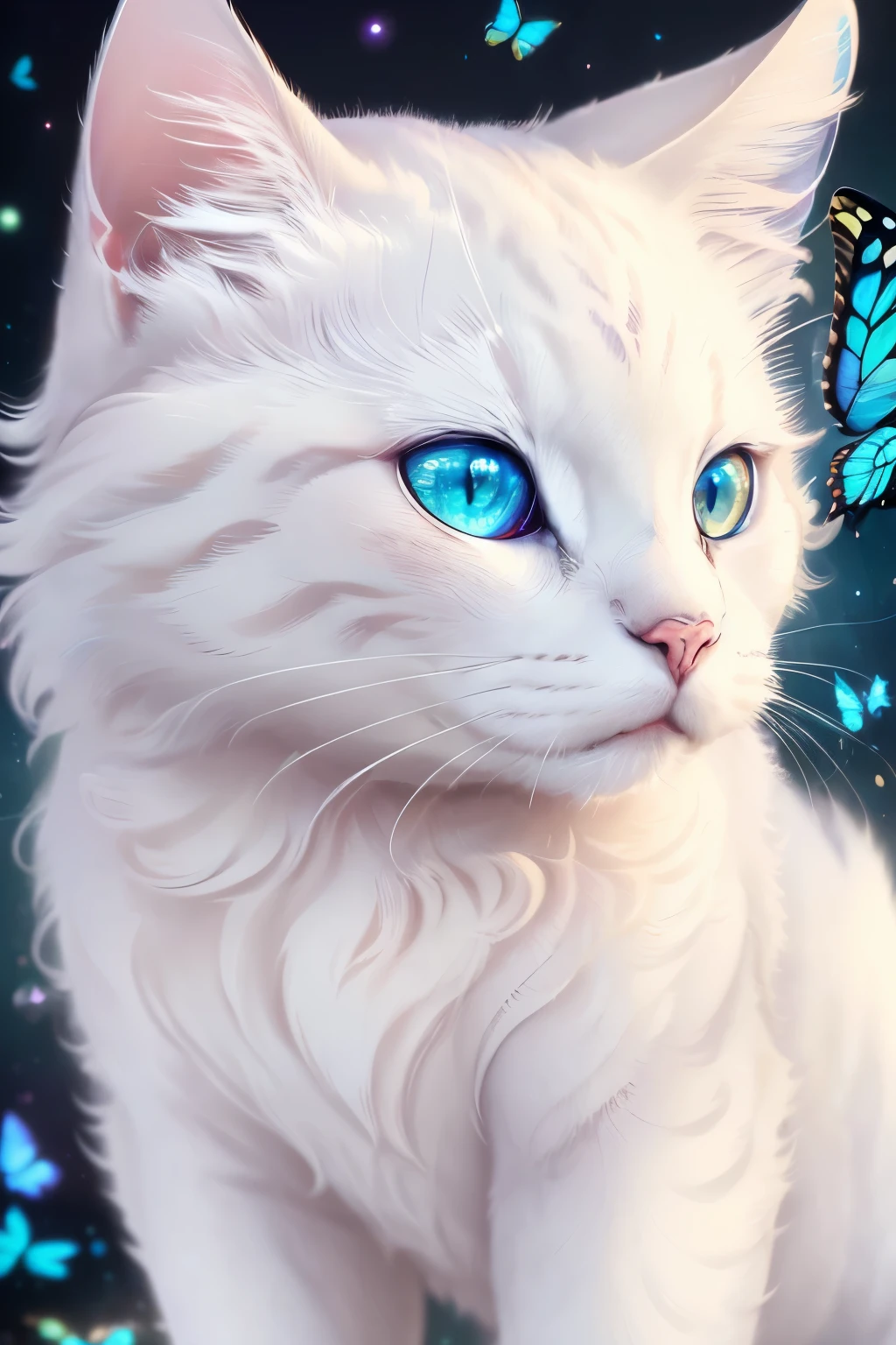 (best quality,4k,8k,highres,masterpiece:1.2),(White Cat:1.1),(Detailed Eyes:1.1),(Butterfly),(cinematic magical style:1.1),ultra-realistic,(vibrant colors:1.1),(creative scenery)