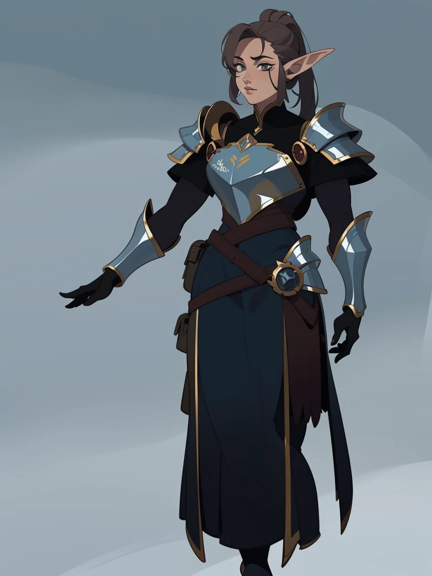 Adopt the concept of the character, video game character design, Drawing with Line Drawing, Multiple points of view, Best quality,masterpiece,a high resolution, elf, ((Character concept art)), video game character design,,illustration,Realistic,Harmonious colors,natural lighting, gray skin, knight, dark hair armor1.3.Detailed eye, transparent，fantasy style，incredibly beautiful，High balance, natural light, leather armor, ponytail