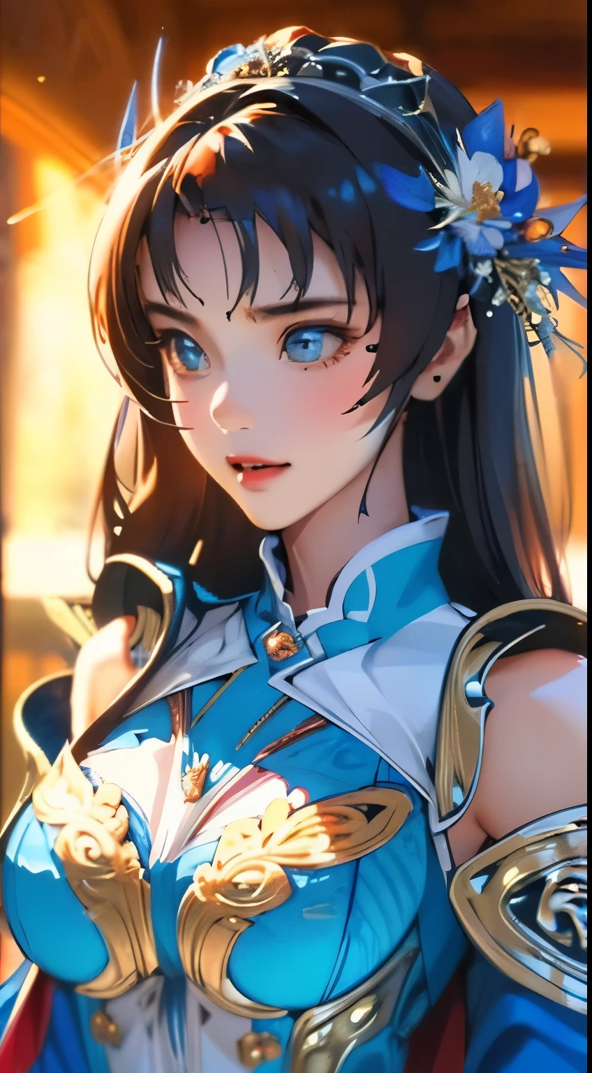 （filigree，Sharp images，Hyper-Resolution，Extremely amazing detail，awe-inspiring detail），sub surface scattering，tmasterpiece，best quality，high qulity，（1girll：1.2），独奏，apathy, close up to upperbody, focus breast, light armored, bare shoulders, blue armor