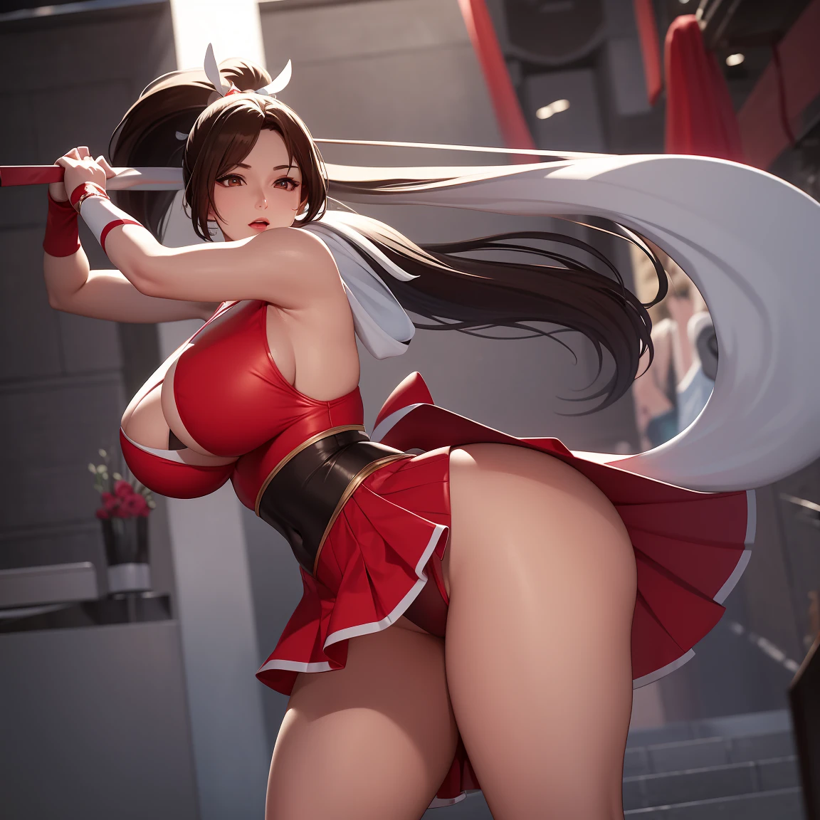 8k, Super details, precise, best quality, masterpiece, Super details, high detail, high quality, best quality, high resolution ，1 girl，huge tituscular body，Lift up the red split skirt，Revealing thong，high ponytail，White analysis，Cool colors，Qi bangs，Lovely
