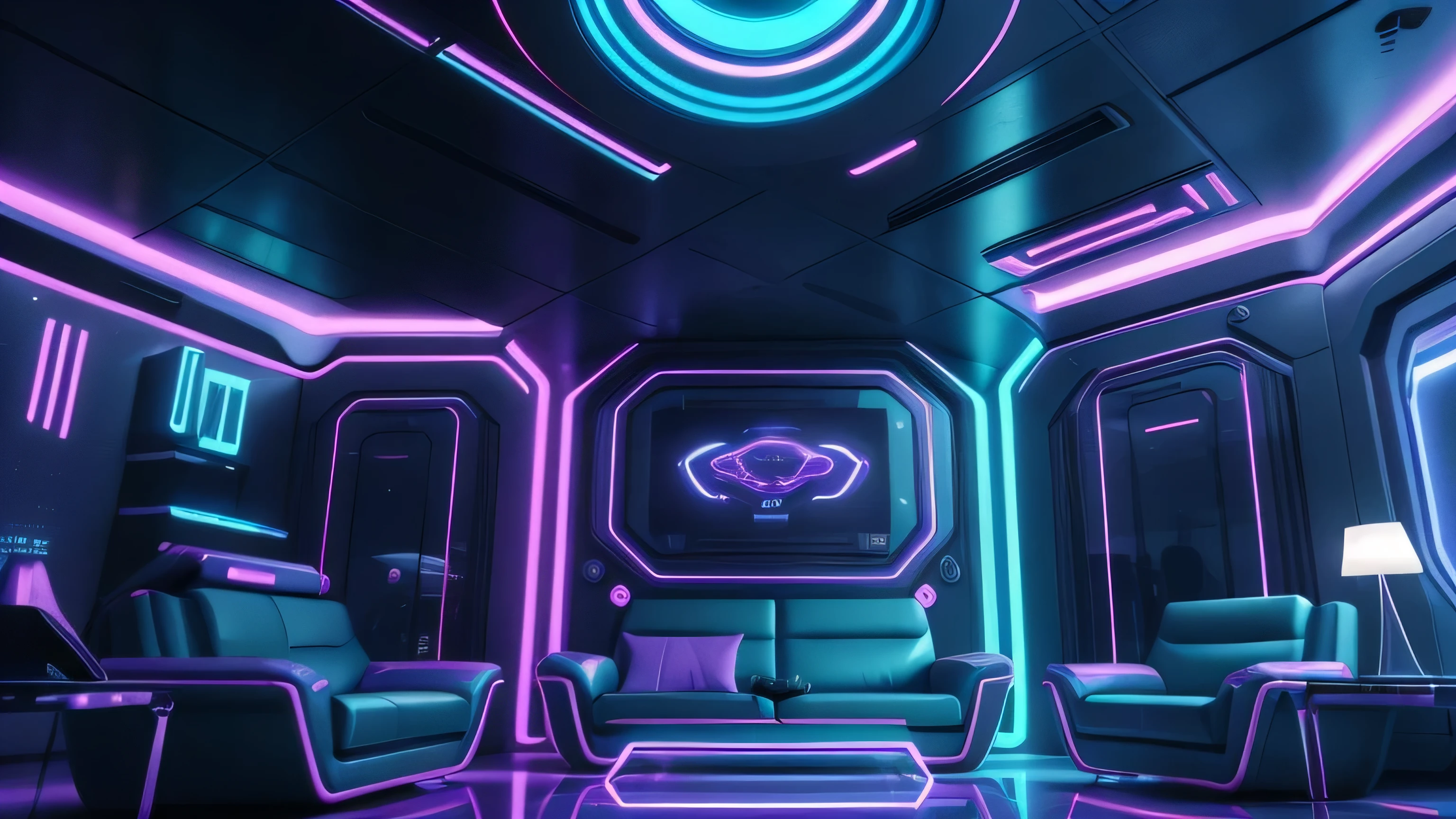 a view of a living room with a couch and a table, futuristic room, futuristic setting, futuristic decoration, futuristic looking living room, colorful dystopian futurism, dreamy colorful cyberpunk colors, futuristic but colorful shading, in style of beeple, beeple colors, futuristic aesthetic, futuristic art style, sci-fi aesthetics, inspired by Beeple