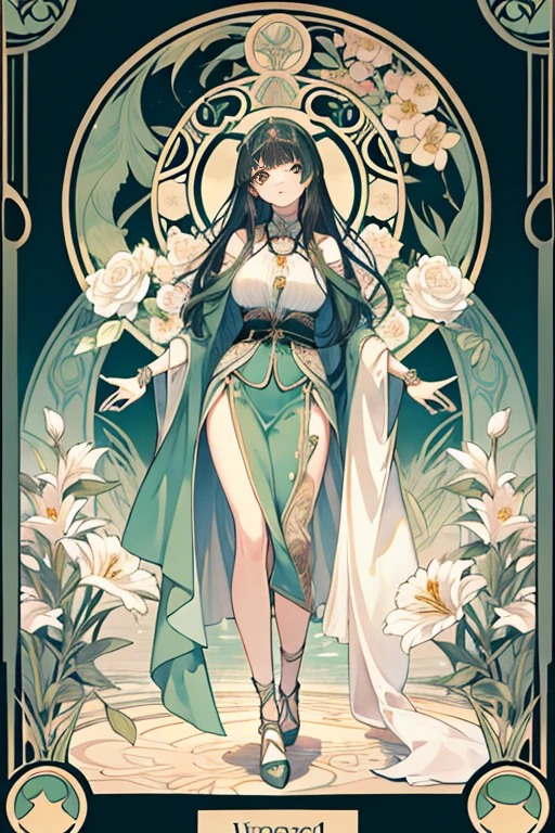 masterpiece, Best quality, by Alphonse Mucha, Art Nouveau,
 (Tarot card style:1.3),  Unique Tarot Card Structure, including floral and green elements,
blunt bangs, Black straight long hair, Looking at the viewer, 
In the middle of a green garden, a mystical girl in a flowering dress dances with unearthly creatures, flooded with sunlight, illuminating blooming flora and ancient Tarot symbols,
roses, Lily, Cherry blossoms, Irises, leaves, month, and vines, Elegant dresses, Inspired by nature, Accessories, including necklaces with flowers and leaves, earRings, Rings, bracelets, hair ornaments, butterflies, birds, Bees, Tarot symbols, Reimagined with floral and green ornaments, godesses, Natural backgrounds, such as gardens, forests, lake shore, Efficient use of light and shadow, 
Realistic, hyper Realistic lifelike 3d, confuse,