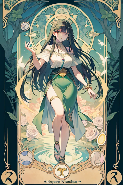 masterpiece, Best quality, by Alphonse Mucha, Art Nouveau,
(Tarot card style:1.3), Unique Tarot Card Structure, including floral and green elements,
blunt bangs, Black straight long hair, Looking at the viewer,
In the middle of a green garden, a mystical girl in a flowering dress dances with unearthly creatures, flooded with sunlight, illuminating blooming flora and ancient Tarot symbols,
roses, Lily, Cherry blossoms, Irises, leaves, month, and vines, Elegant dresses, Inspired by nature, Accessories, including necklaces with flowers and leaves, earRings, Rings, bracelets, hair ornaments, butterflies, birds, Bees, Tarot symbols, Reimagined with floral and green ornaments, godesses, Natural backgrounds, such as gardens, forests, lake shore, Efficient use of light and shadow,
Realistic, hyper Realistic lifelike 3d, confuse,